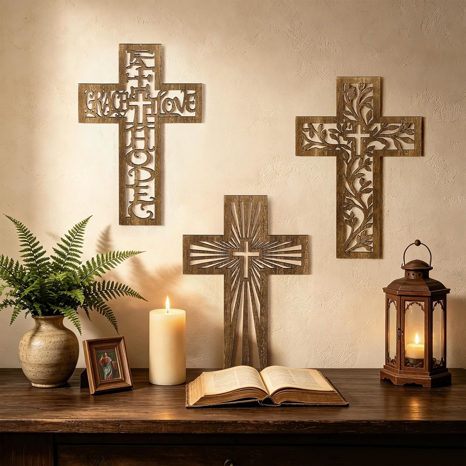 3 Pcs Wooden Cross Wall Decor, 12 Inch Wall Crosses for Christian Home | Three Unique Hollow-Cut Designs with Metal Hooks for Christian Religious Home Decor, Church Displays and Faith Baptism Gifts