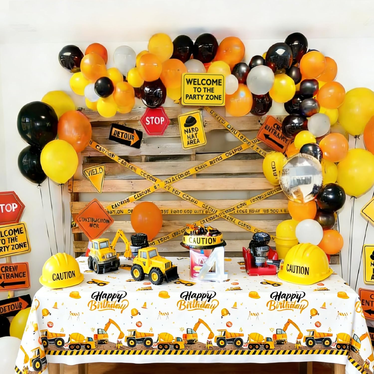 Construction Birthday Party Decorations - Construction Balloon Arch Kit,12 Wall Decor Sign,Yellow Caution Tape,4 Mini Construction Vehicle,Tattoos,Banner,Tablecloth,Cake Topper,for Kids Birthday Party - Image 2