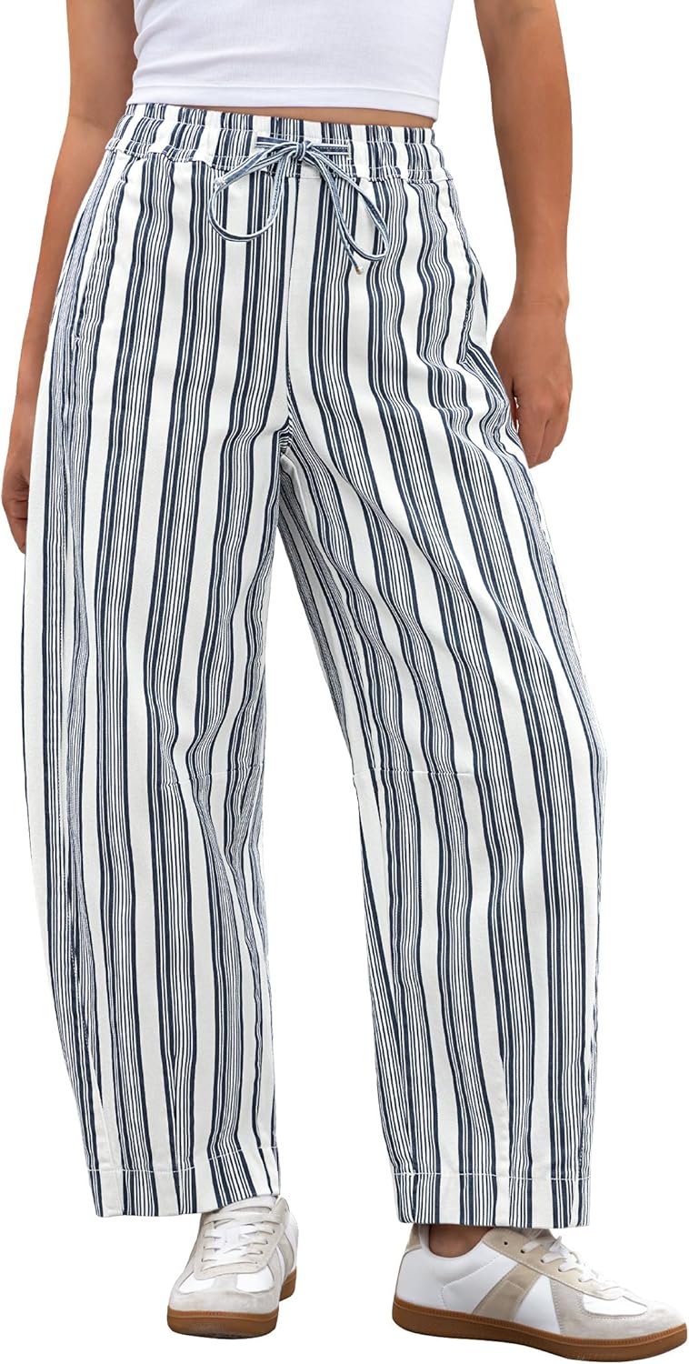 luvamia Barrel Jeans Women Trendy Striped Cropped High Waisted Pull On Elastic Waist Wide Leg Casual Stretch Denim Pants