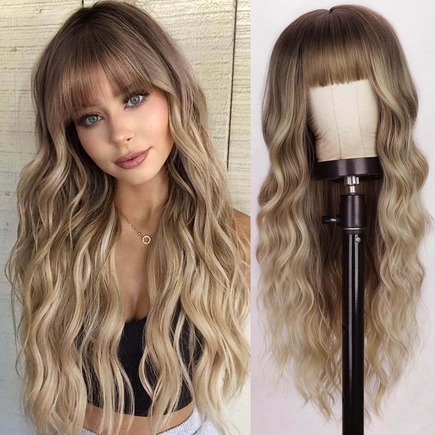 PORSMEER Long Wavy Curly Ombre Blonde Wig with Fringe for Women Natural Synthetic Hair Heat Resistant Wigs for Ladies Daily or Party Cosplay Wear-26 Inches