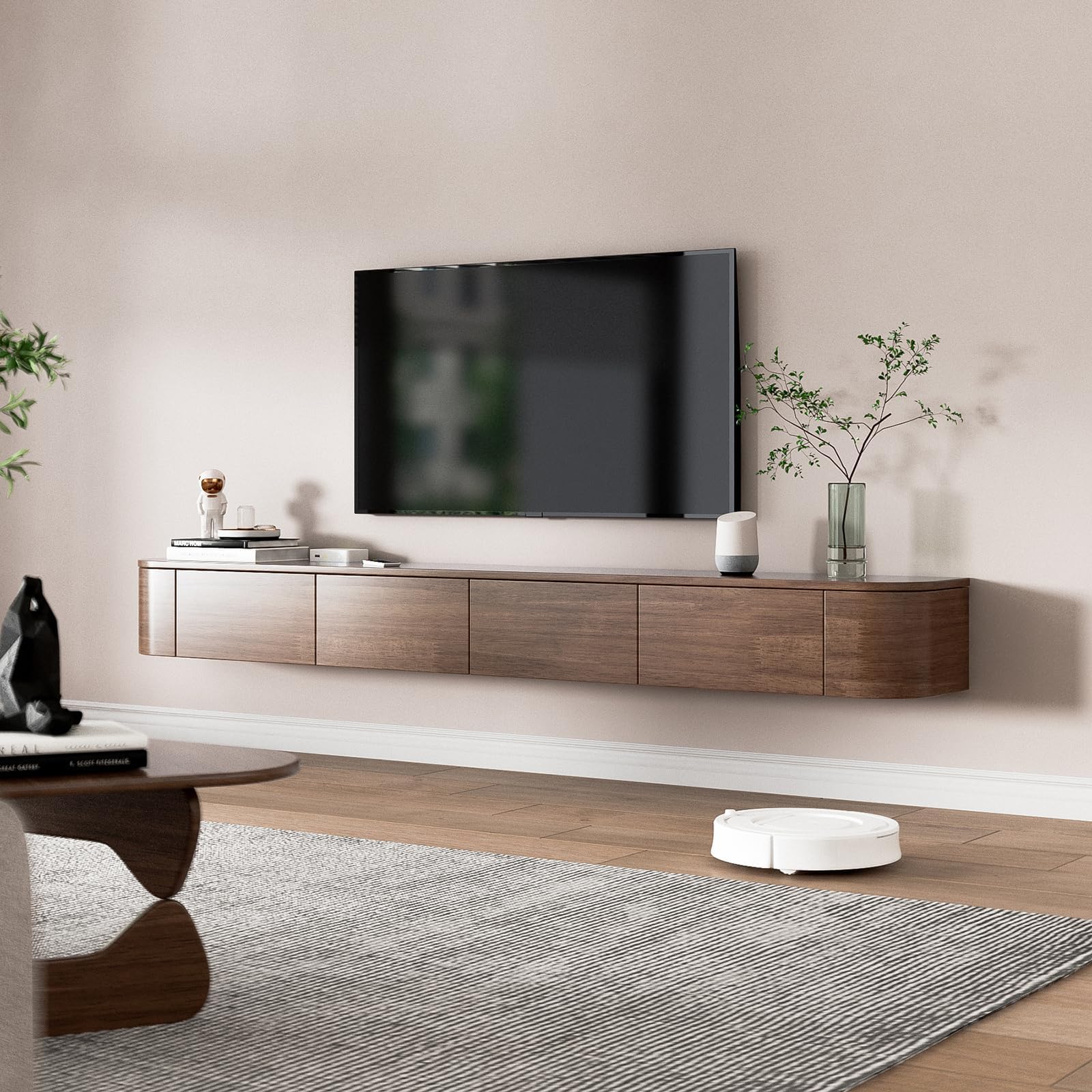 Schwebender TV-Ständer Aus Massivholz, Hochglanz-TV-Wandschrank, Schwebende TV-Regale Mit Tür Und Schubladen, Moderne Entertainment-Medienkonsole (Braun + LED, 240 cm)