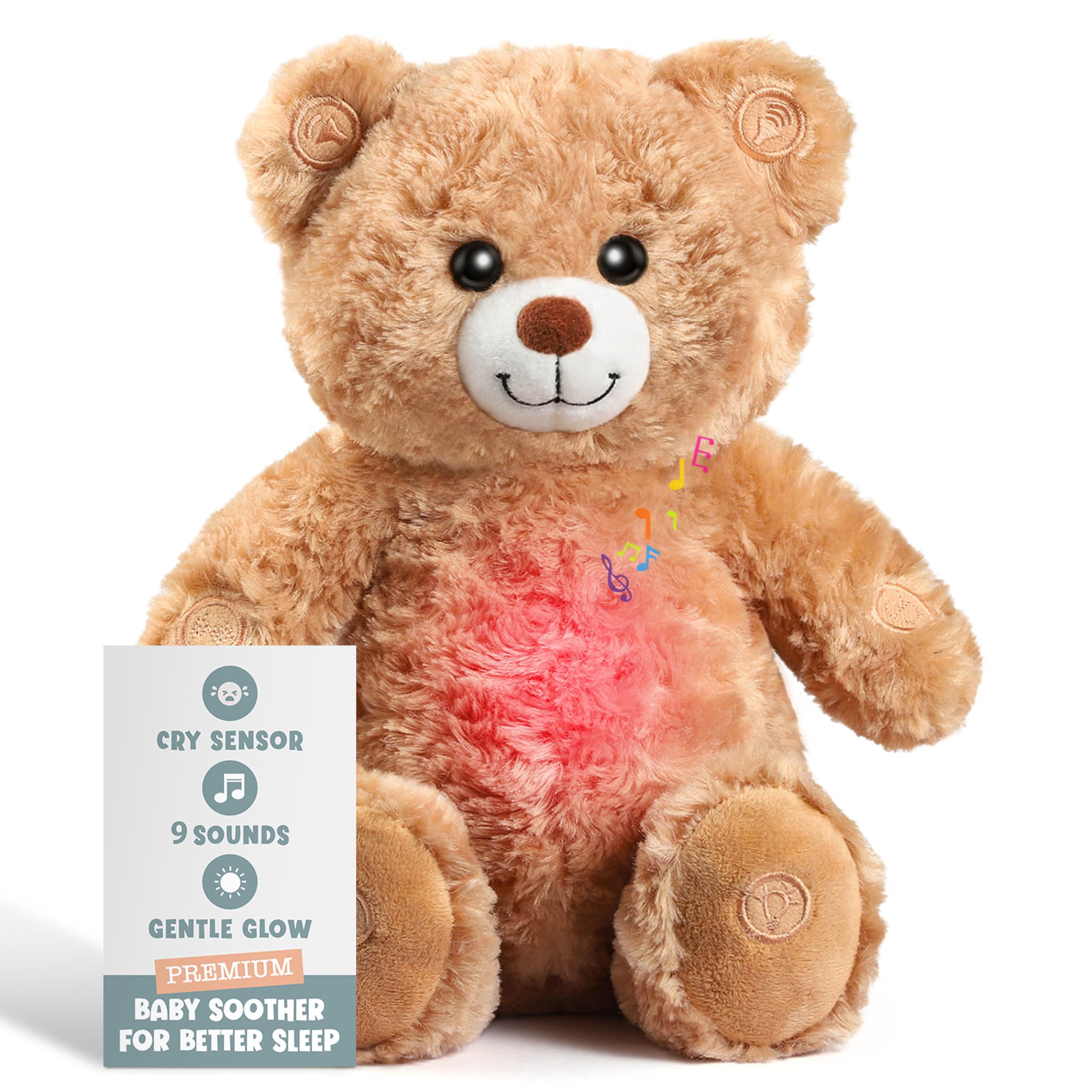 Gemma Joy Baby Sleep Soother Teddy Bear for Baby – Cry Activated Heartbeat Stuffed Animal – Rechargeable Crib Soother with White Noise, Shush, Lullabies & Night Light – Newborn Essentials Must Haves