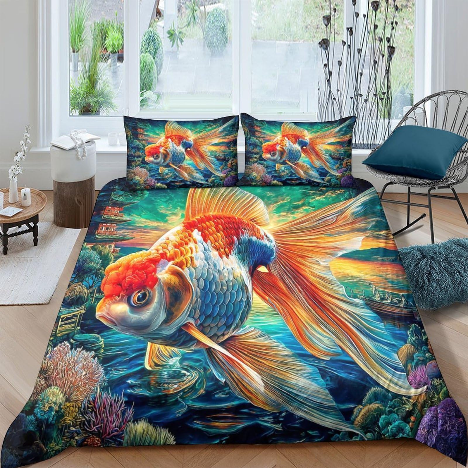 Parure de lit toutes saisons motif poisson rouge pour une chambre parentale cocooning