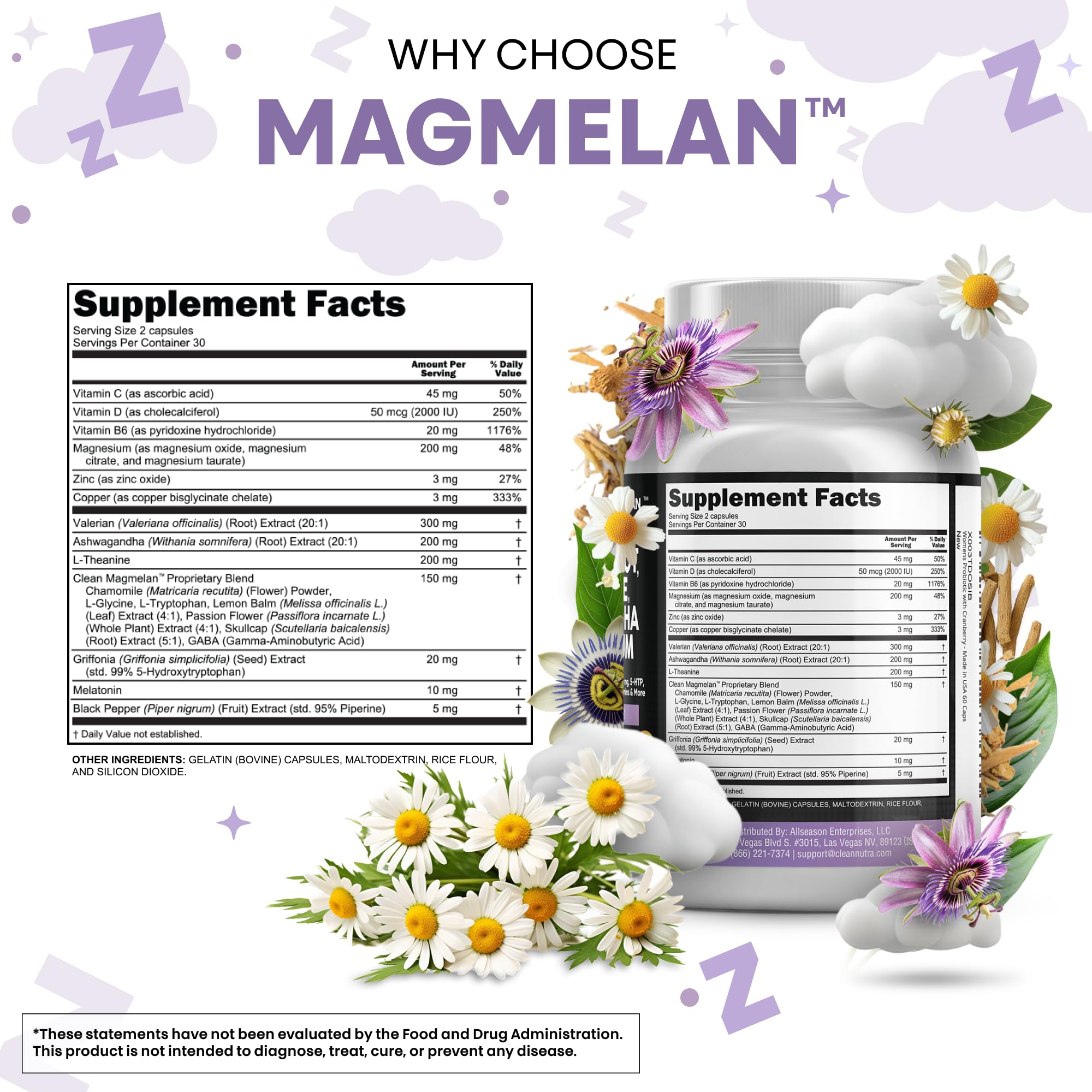 Clean Nutraceuticals Melatonin 10mg Valerian Root L Theanine 200mg Ashwagandha - Sleep Support for Women & Men with Magnesium Complex, Lemon Balm, Chamomile, & Passion Flower - 60 Caps — Amazon image 5