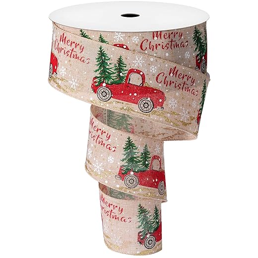 Syhood Red Truck Christmas Burlap Ribbon Wired, Vintage Red Truck with Christmas Tree Burlap Ribbon for DIY Wreaths Gift Wrapping Crafts Decoration(20 Yards,Cute Style)