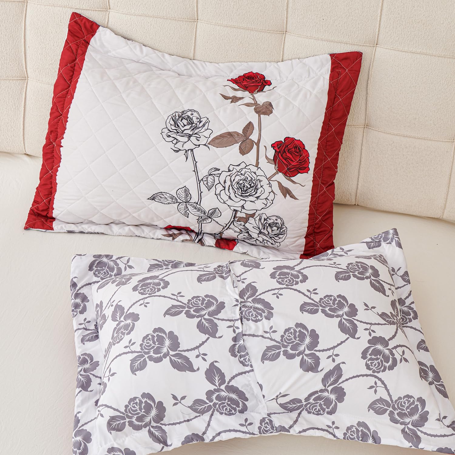 EVENHUG Quilted Pillow Shams Set of 2 Red Rose Pillow Covers Floral Pillowcases Matching Bedding Decoration (20