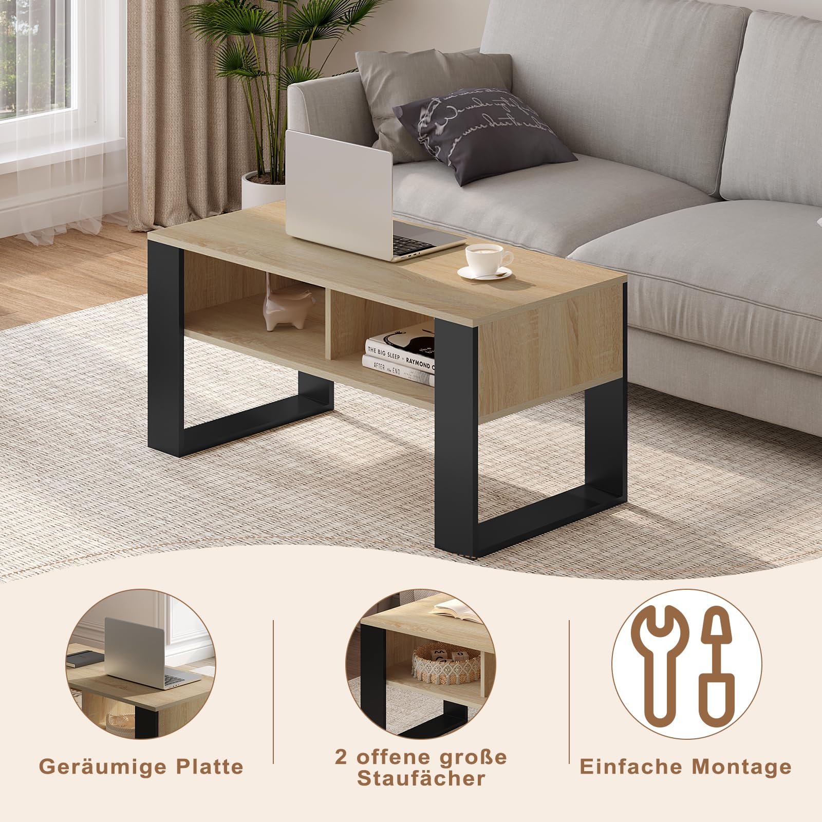 WOLTU Couchtisch mit Stauraum, Beistelltisch fürs Wohnzimmer, Wohnzimmertisch modern, rechteckiger Kaffeetisch Sofatisch, 2 offene Fächer, helle Eiche Schwarz, BTS16hei