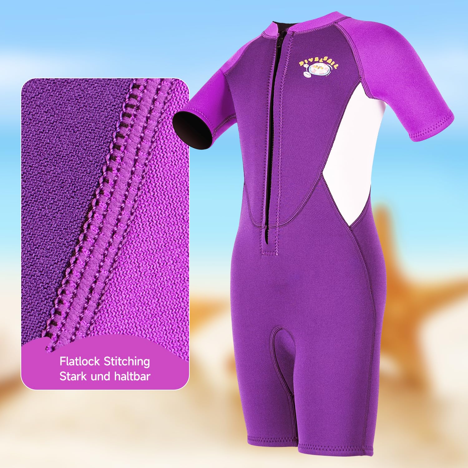 Kinder Neopren Shorty 2,5 mm mit Frontverschluss, UV‑Schutz 50+ wärmender Nassanzug für Jungen und Mädchen zum Baden Planschen Schnorcheln Surfen am See, Meer und Strand