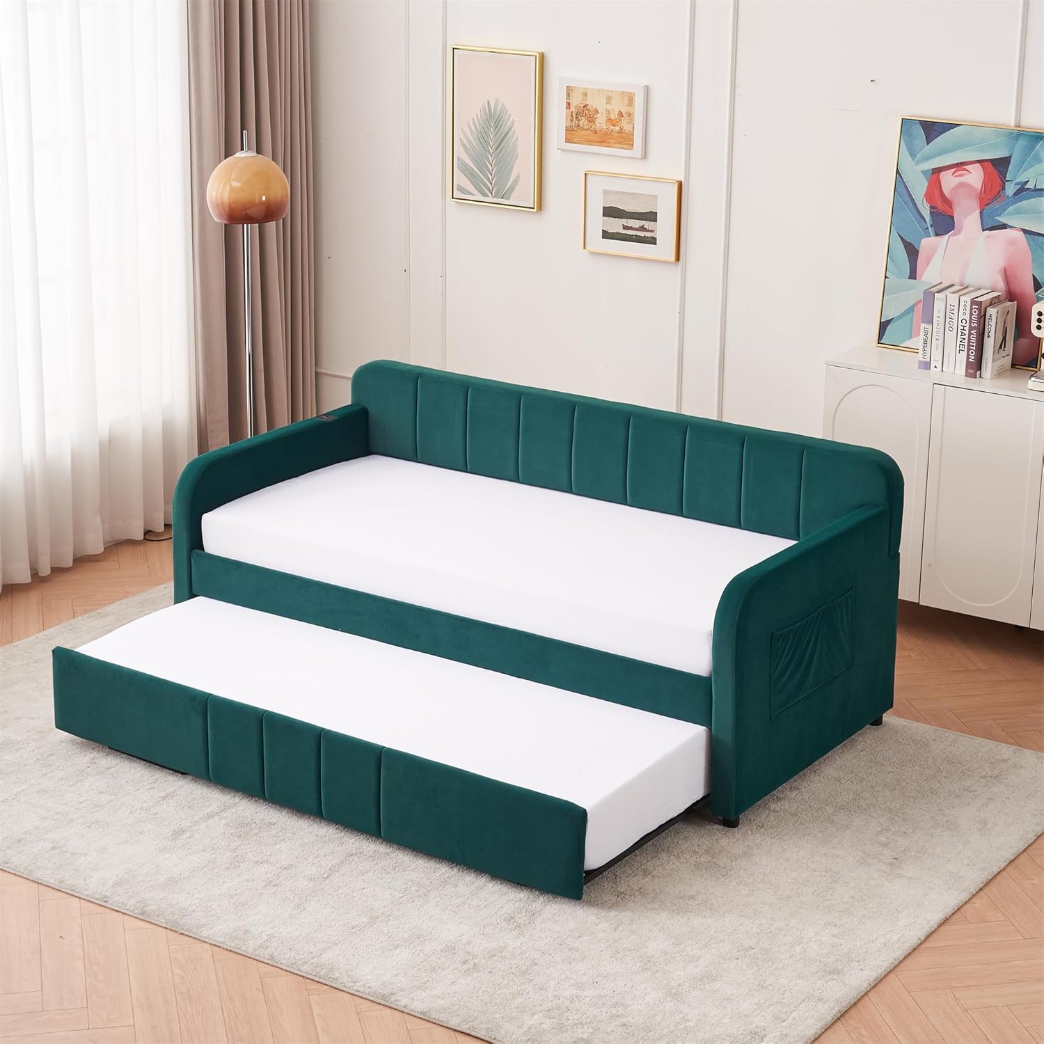 SOFTSEA Twin to King Daybed with Trundle, Velvet Upholstered Daybed with Pop Up Trundle, Modern Extendable Day Bed Frame for Kids Teens Adults Bedroom Living Room Guest Room, Green