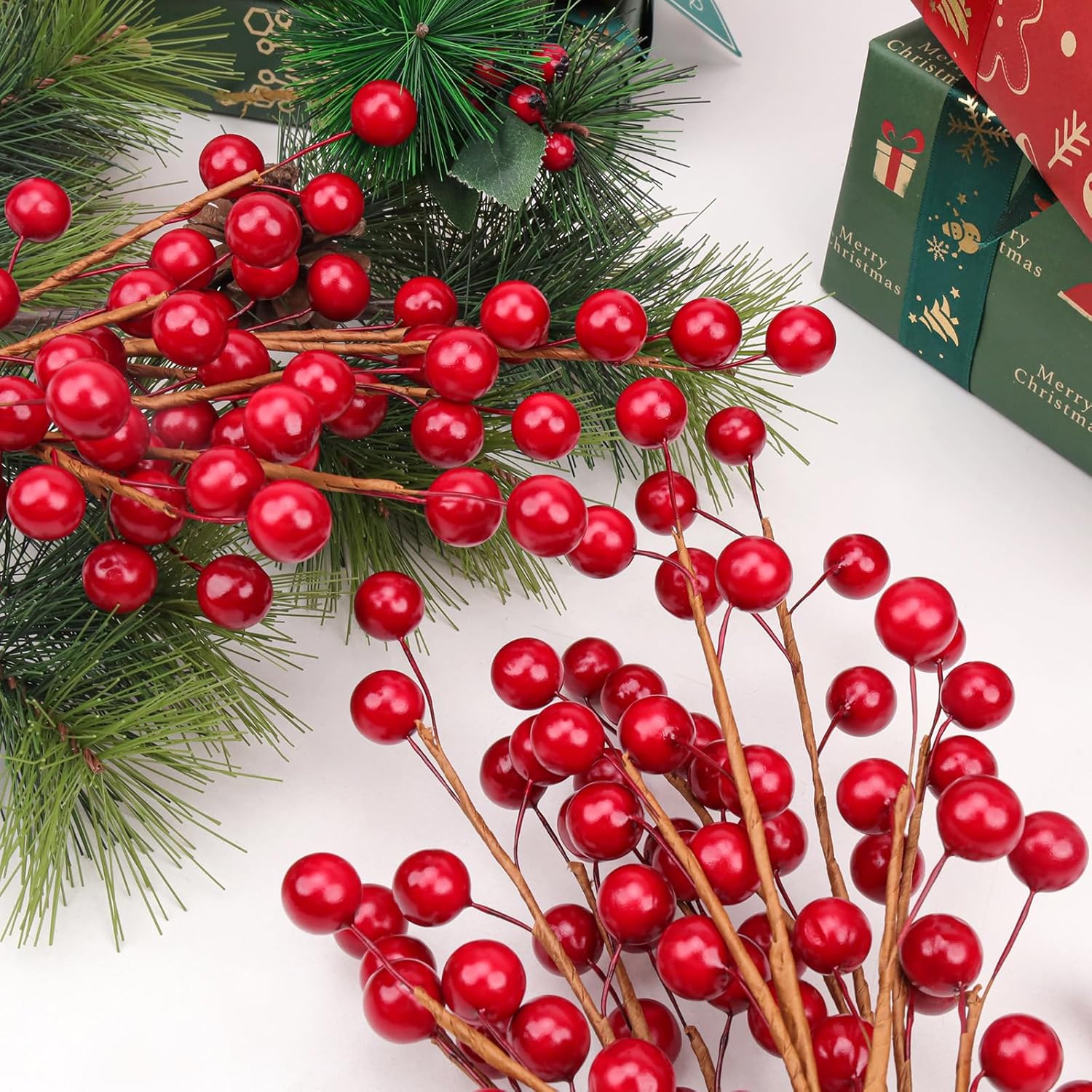 Woration10pcs Artificial Berries Picks Fake Red Holly Stems Branches for Christmas Faux Berry Floral Arrangements Ornaments Wreath Crafts Wedding Holiday Home - 14inch