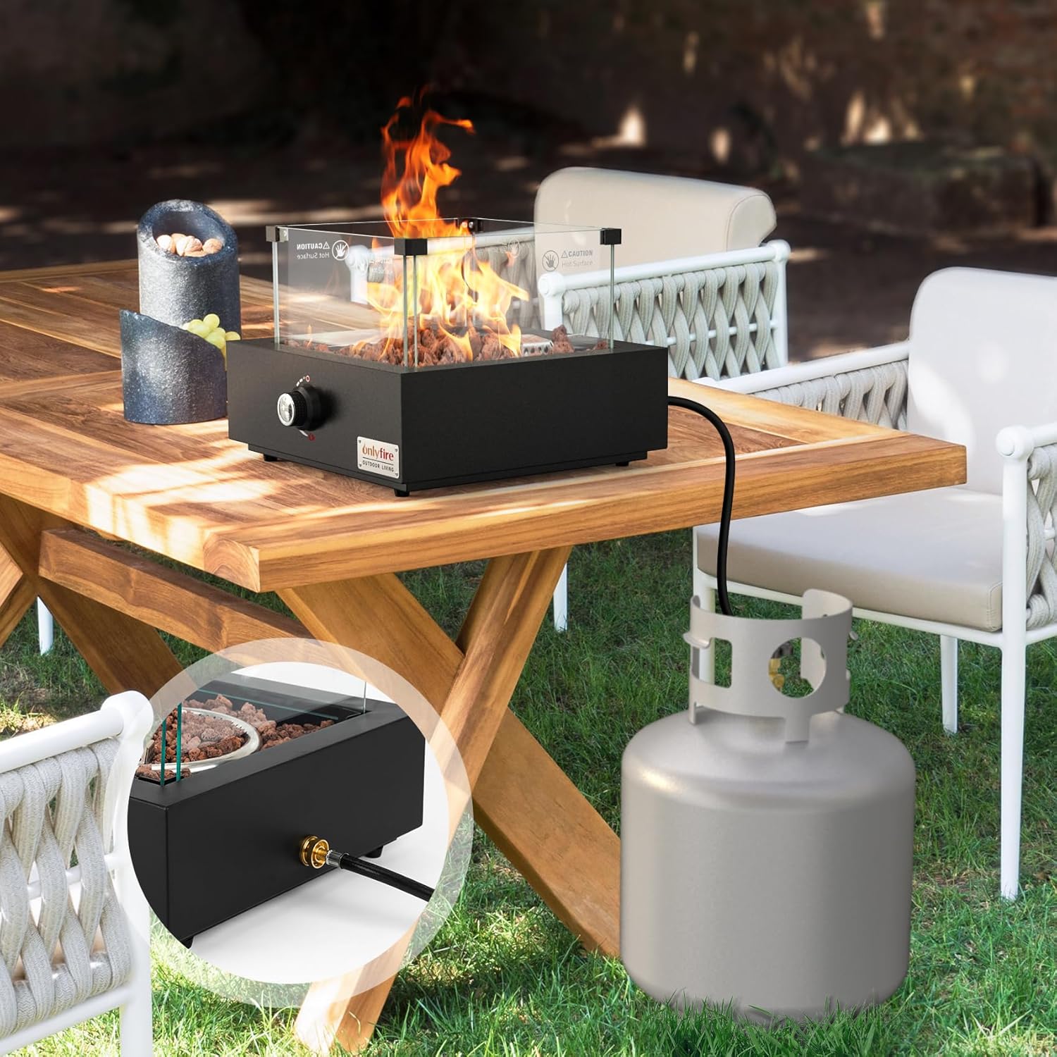 ONLYFIRE OUTDOOR LIVING 15.7" Portable Propane Gas Fire Pit Side-Mounted, Modern Tabletop Fireplace Smokeless Firepit with Glass Wind Guard for Patio Camping RV Tailgating, 23000BTU, Squre FP040