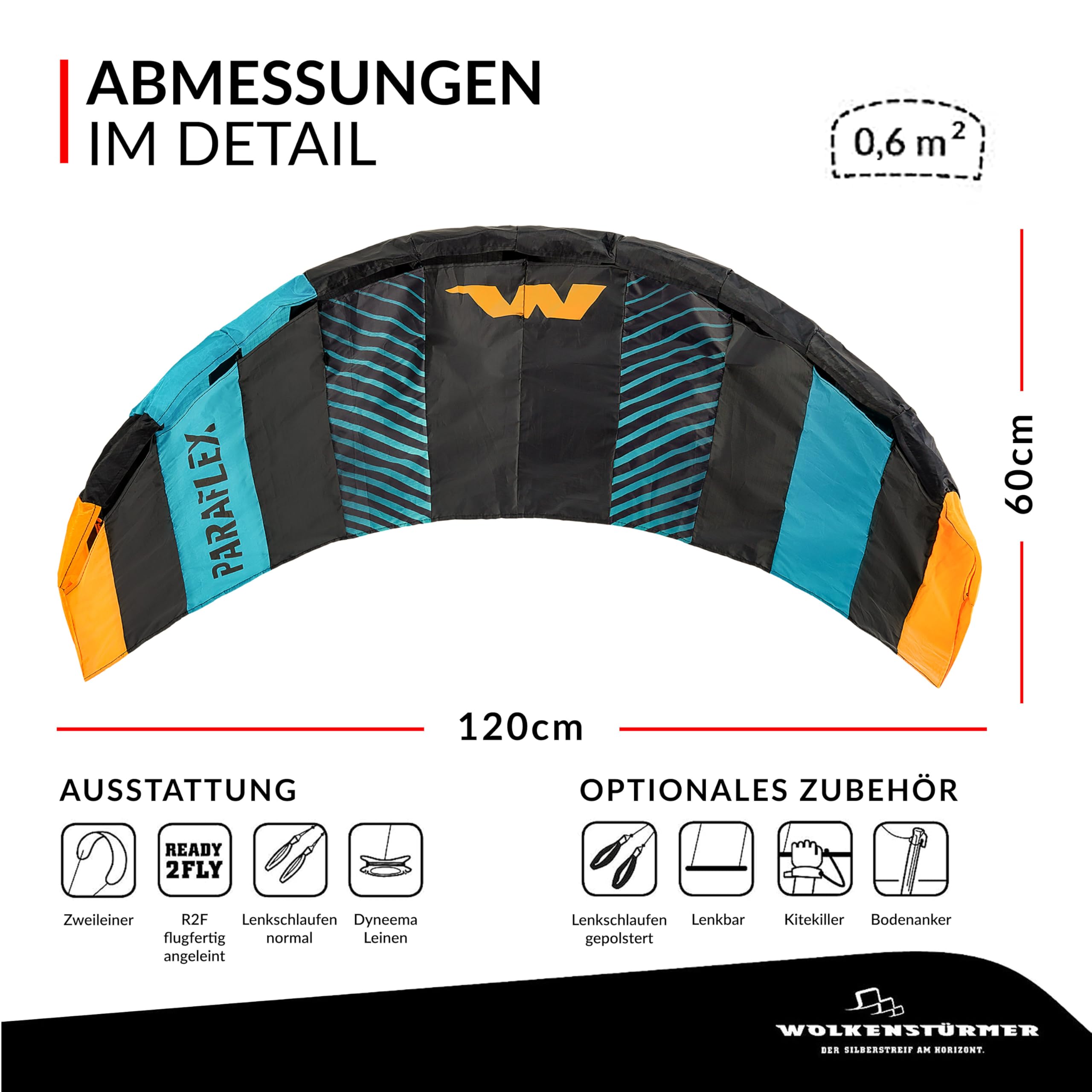 Wolkenstürmer Paraflex Basic Lenkmatte 1.2 (türkis) - Zweileiner Kite für Kinder ab 6 Jahre - Lenkdrachen flugfertig mit 2x25m Dyneemaleinen & Flugschlaufen