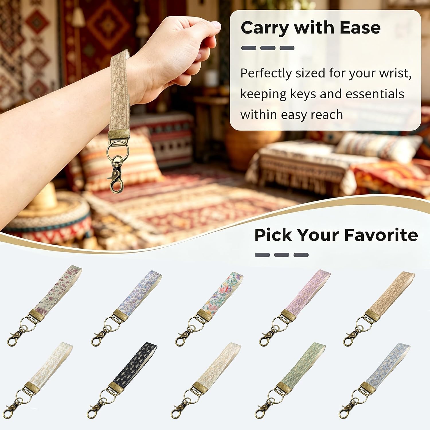 Boho Vintage Embroidered Floral plant Wristlet Keychain for Women image 5