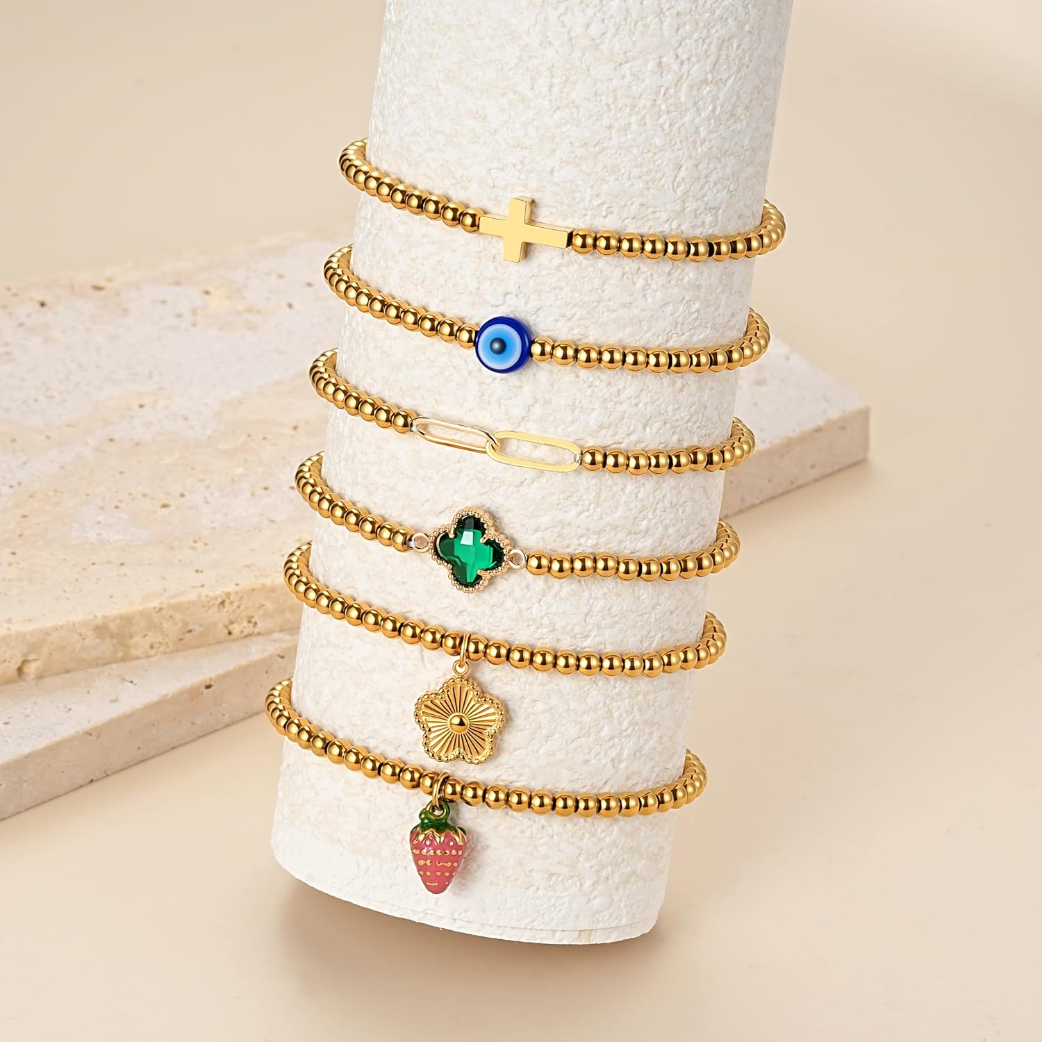 morniface 14K Gold Plated Beaded Bracelet for Women, Stretch Charm Bracelet with Gold Charms, Dainty Elastic Bead Bracelet Handmade Trendy Gold Jewelry Gift - Image 4