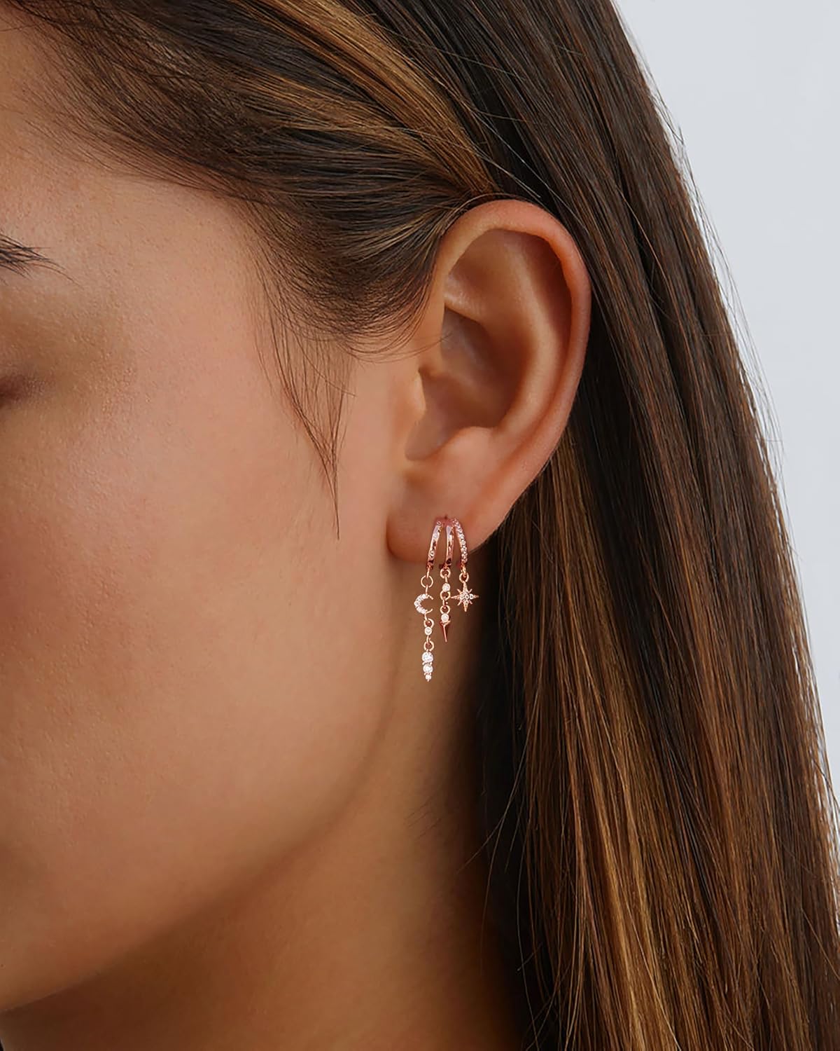 Dangle Earrings For Women,Dainty 14K Gold Plated Hypoallergenic Small Triple Huggie Hoop Earring Gothic Cute Cross Moon Star Drop Earrings For Women Trendy Gold Statement Stud Earring Jewelry image 5