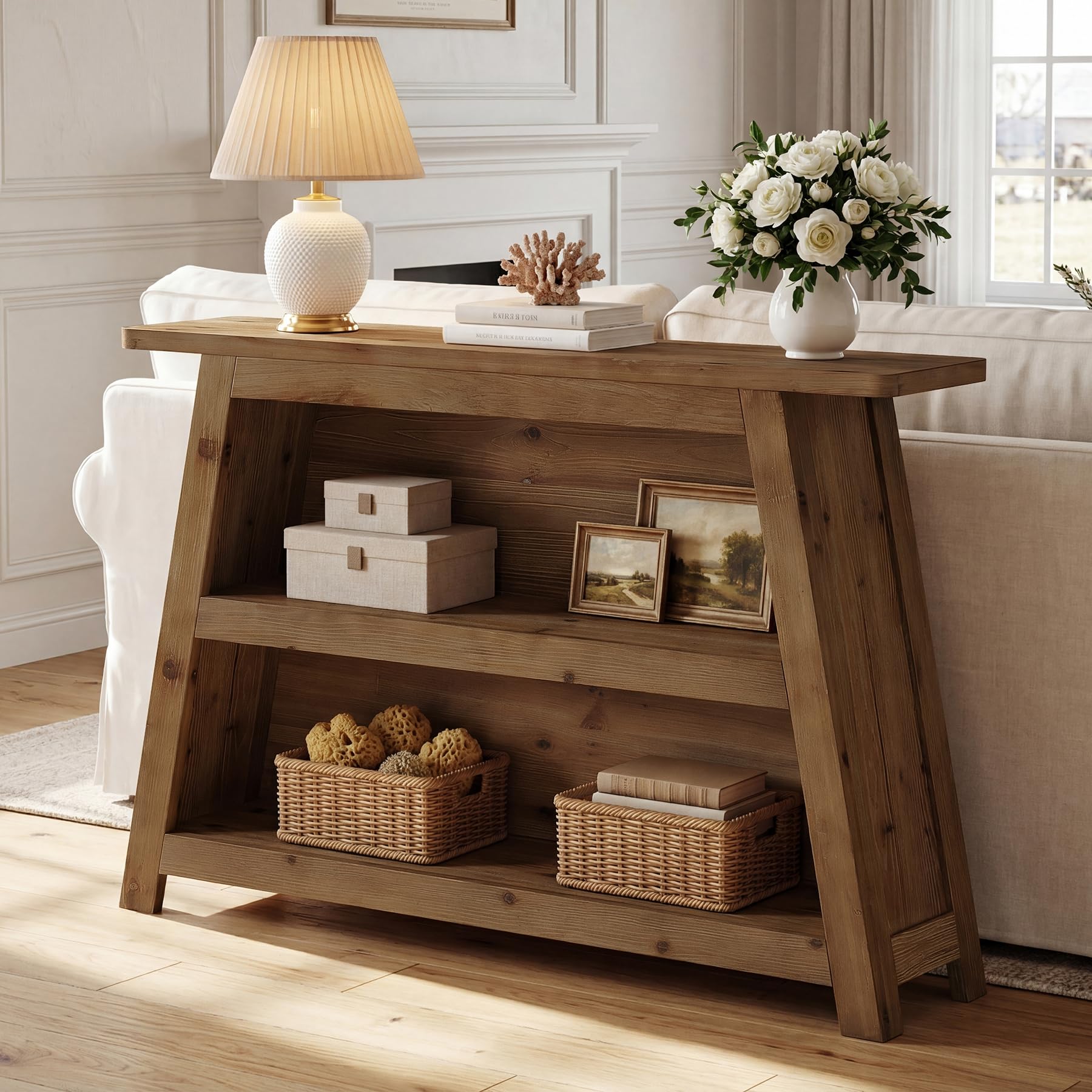 Massivholz Konsolentisch, 120 cm Schmale Eingangstisch, Sofatisch mit 3-stöckiger, Landhausstil Couch-Tische hinter dem Sofa für Eingangsbereich, Flur, Foyer, Rustikales Braun