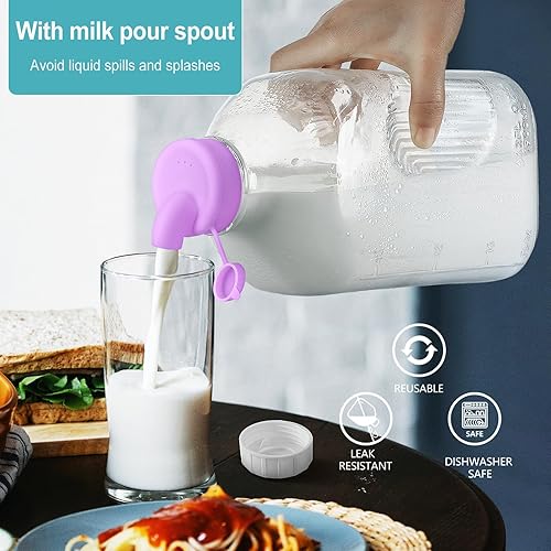 Miniatura 2 de Ritayedet Botella de leche de vidrio resistente de 64 oz con tapa de rosca hermética reutilizable y fuerte - Botellas de agua de 12 galón con líneas