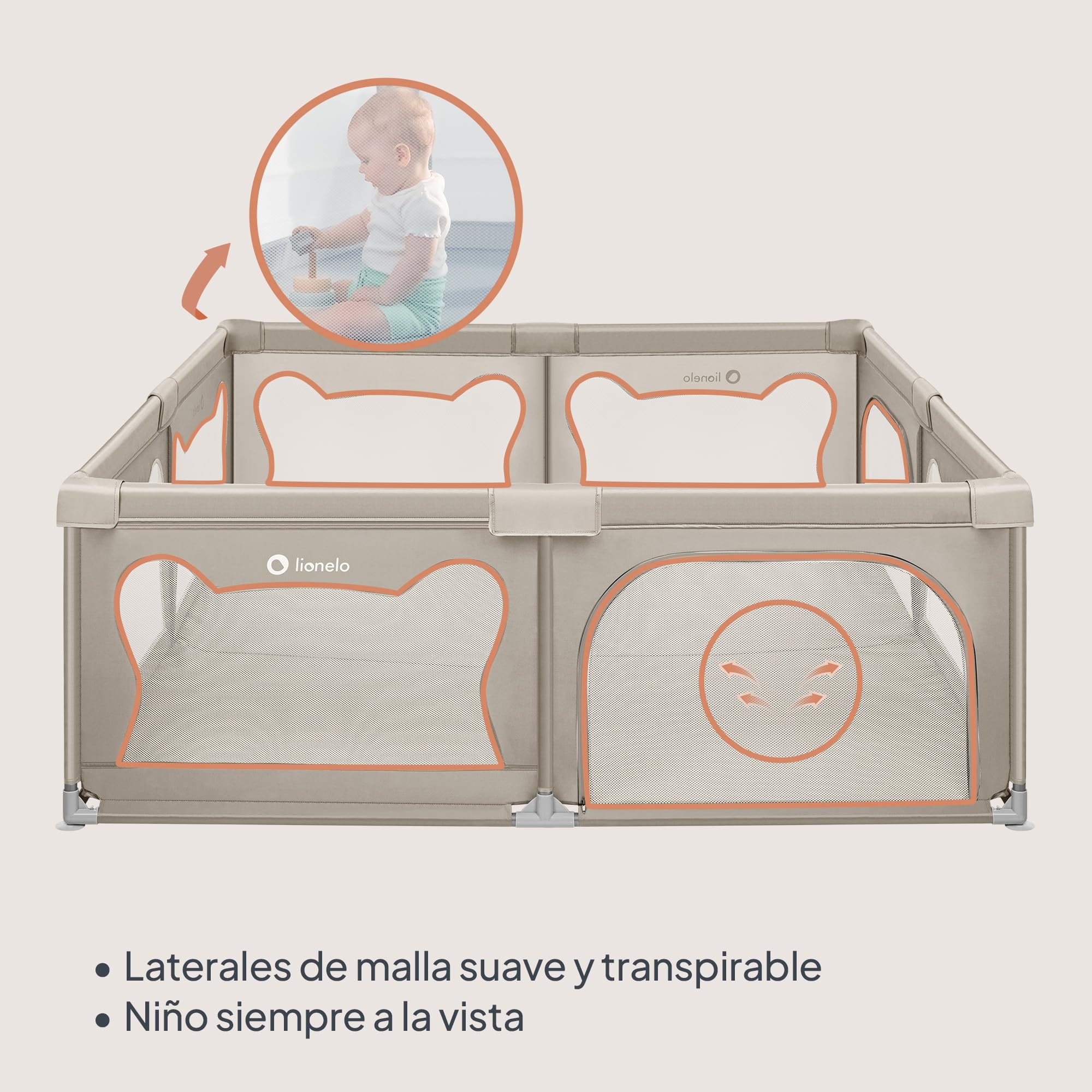 LIONELO Willow - Parque infantil XL, 0 – 48 meses, gran superficie 187x207x68 cm, con paredes de malla transpirable, 2 entradas laterales con cremallera, ideal para casa y jardín, fácil montar (Beige)