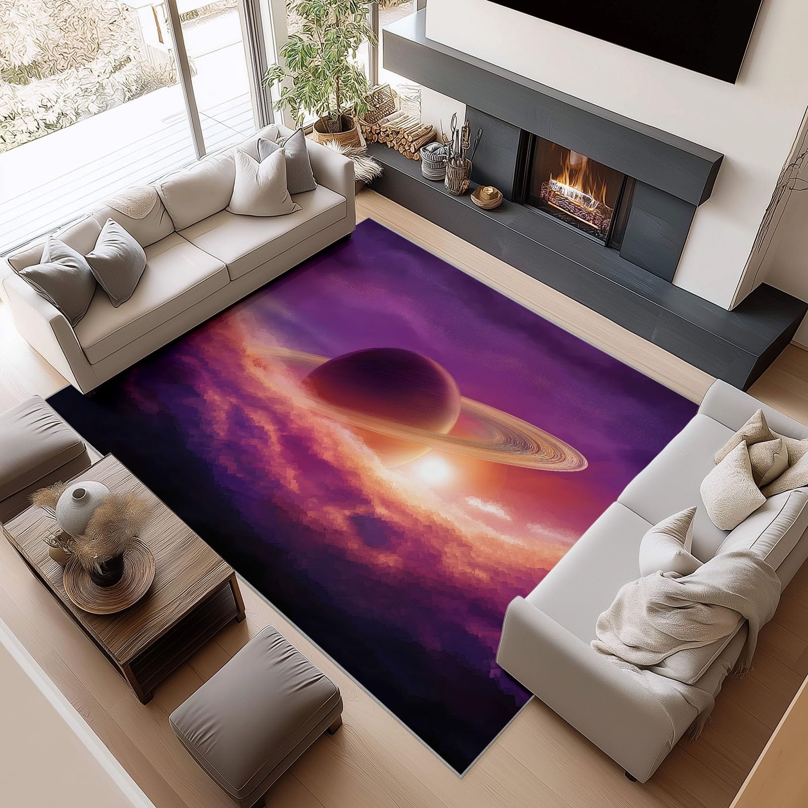 Fioletowy dywan nadający się do prania, 140 x 200 cm, dywan z nadrukowanym wzorem, bajeczny Galaxy Saturn, antypoślizgowy spód do salonu i sypialni