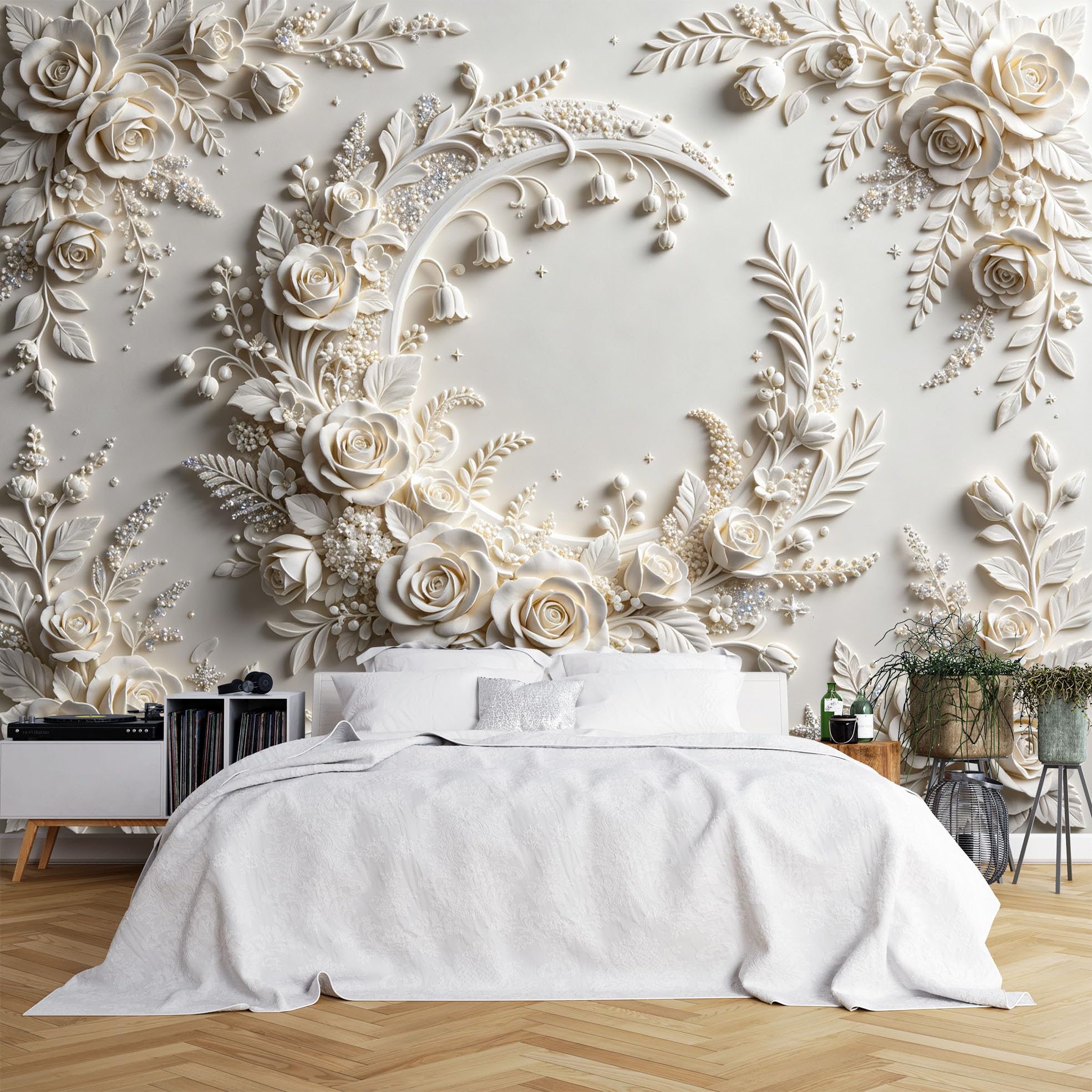 3D Relief Wandbild „Halbmondrose“ 350 x 256 cm Vliestapete mit Blumenmuster, cremefarben, romantisches Blumenpanorama, Fototapete für Schlafzimmer, Wohnzimmer, Wanddekoration, Halbmondrose, 350 x 256