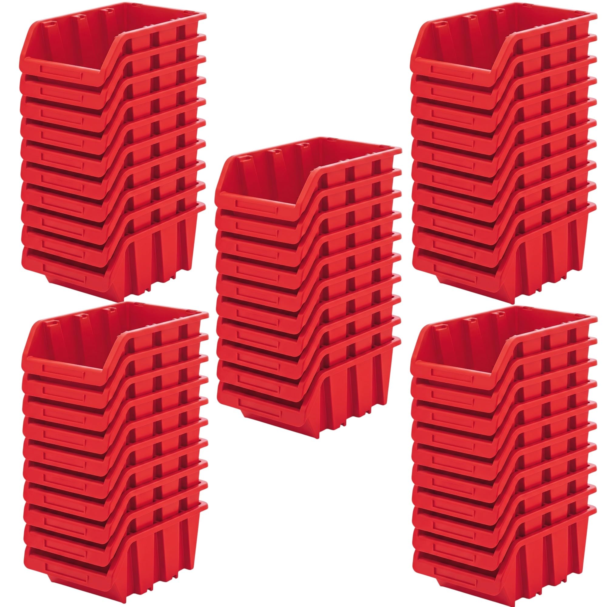 Lot de 50 boîtes de rangement empilables en plastique PP robuste avec compartiment pour étiquettes pour atelier, garage et cave (rouge, 50 pièces, 290 x 200 mm)