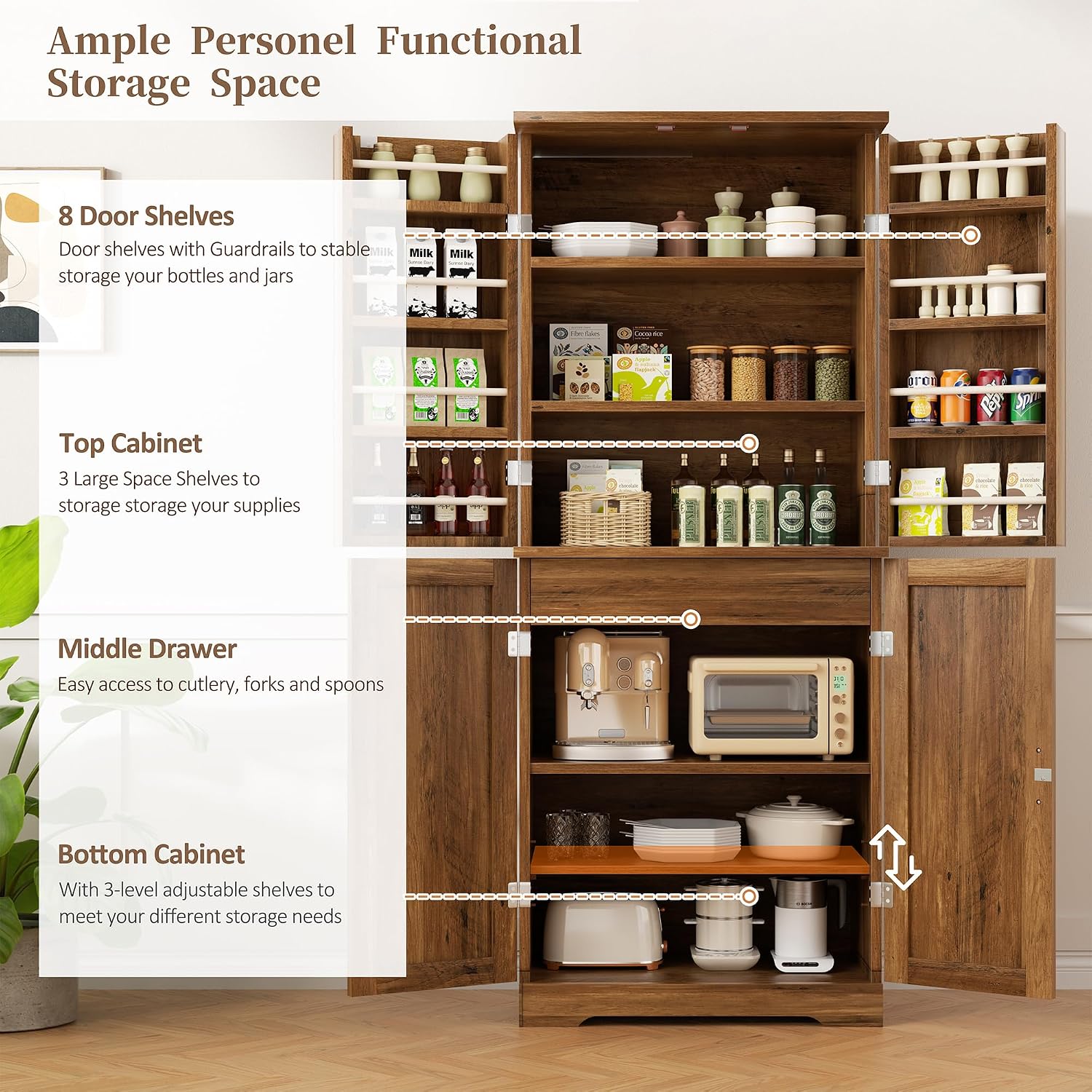 Interior view of the Shintenchi Kitchen Pantry Cabinet with doors open, showing 8 door shelves, a top cabinet with 3 large space shelves, a middle drawer, and a bottom cabinet with 3-level adjustable shelves.