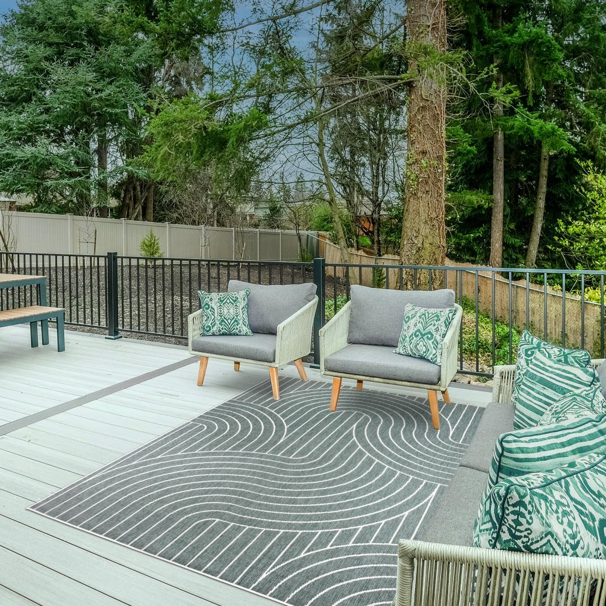 Tapis Exterieur, 200 X 290 Cm, Polypropylène, Motif Géométrique Ondulé, Vert, Écru, Style Kilim Tissé en Belgique, Terrasse Jardin Grand Salon, 12058