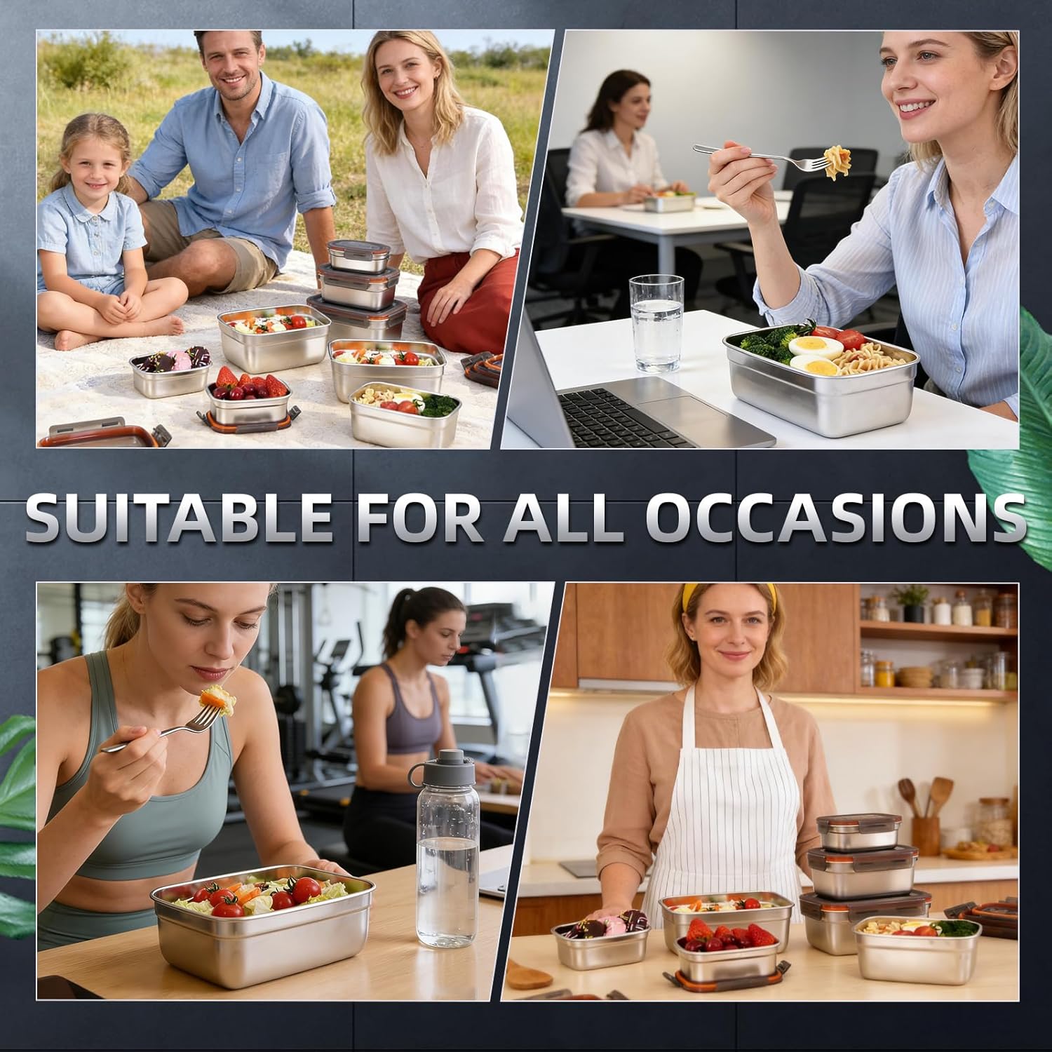 Stainless Steel Airtight Food Storage & Bento Lunch Box Set of 6 - Leakproof Seal, Dishwasher & Freezer Safe, Stackable, 3 Sizes (19.4/38.8/67oz) for Meal Prep, Work, Travel