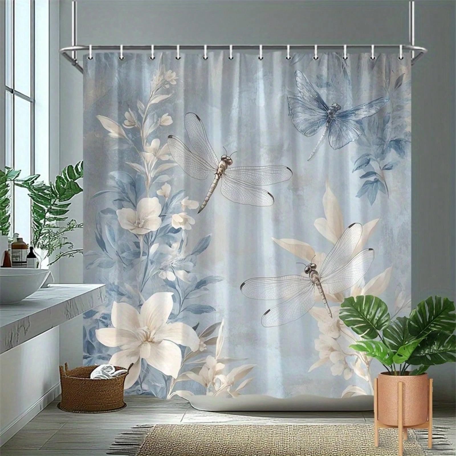GLKSDLPO Extra Large Bathroom Shower Curtain - Elegant Floral & Dragonfly Design With Pale Blue/White Flowers & Translucent Dragonflies(180x240cm/71x94in(WxH)