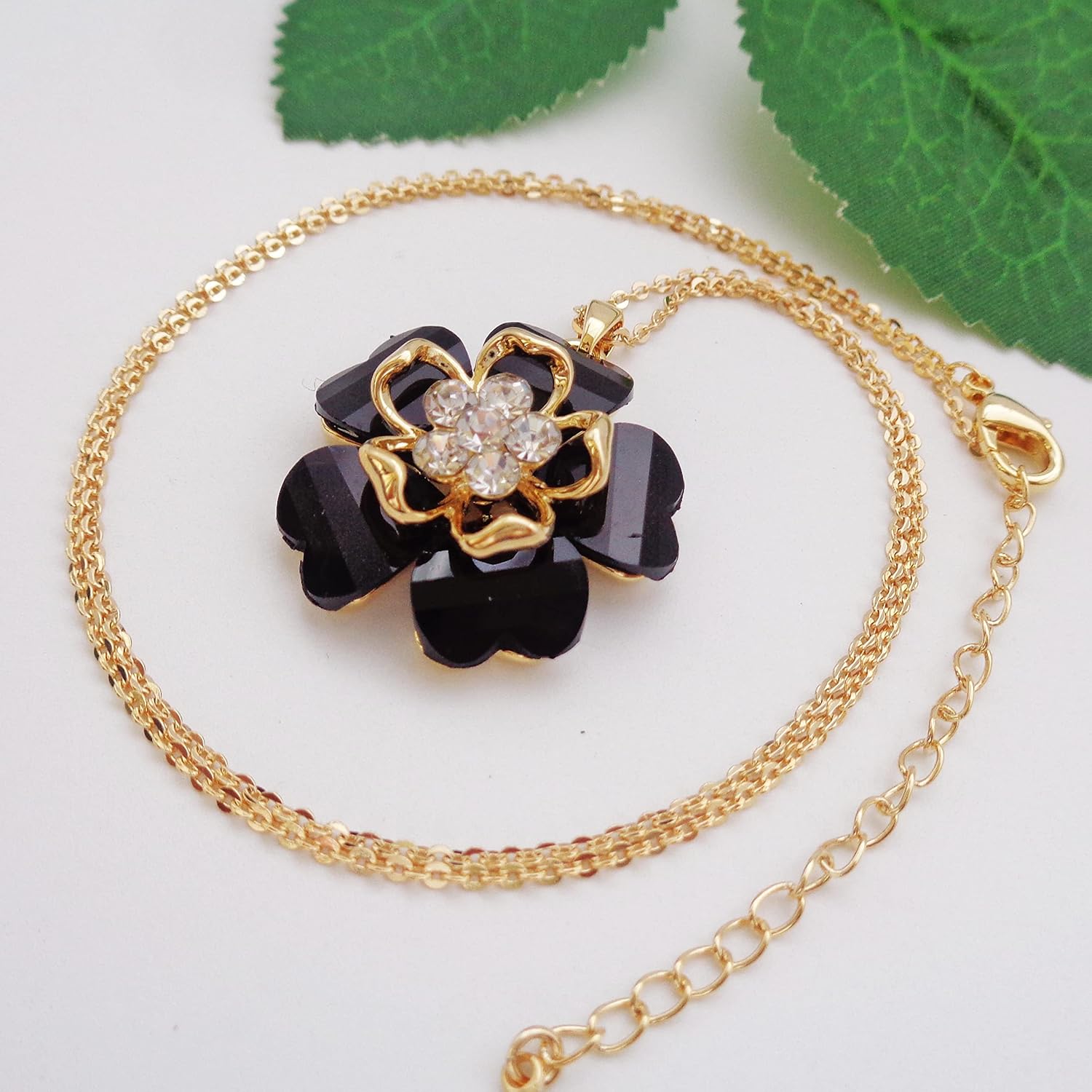 Navachi 18k Gold Plated White Crystal Multicolor Acetate Blooming Flowers Pendant Necklace 16"+2" - Image 6