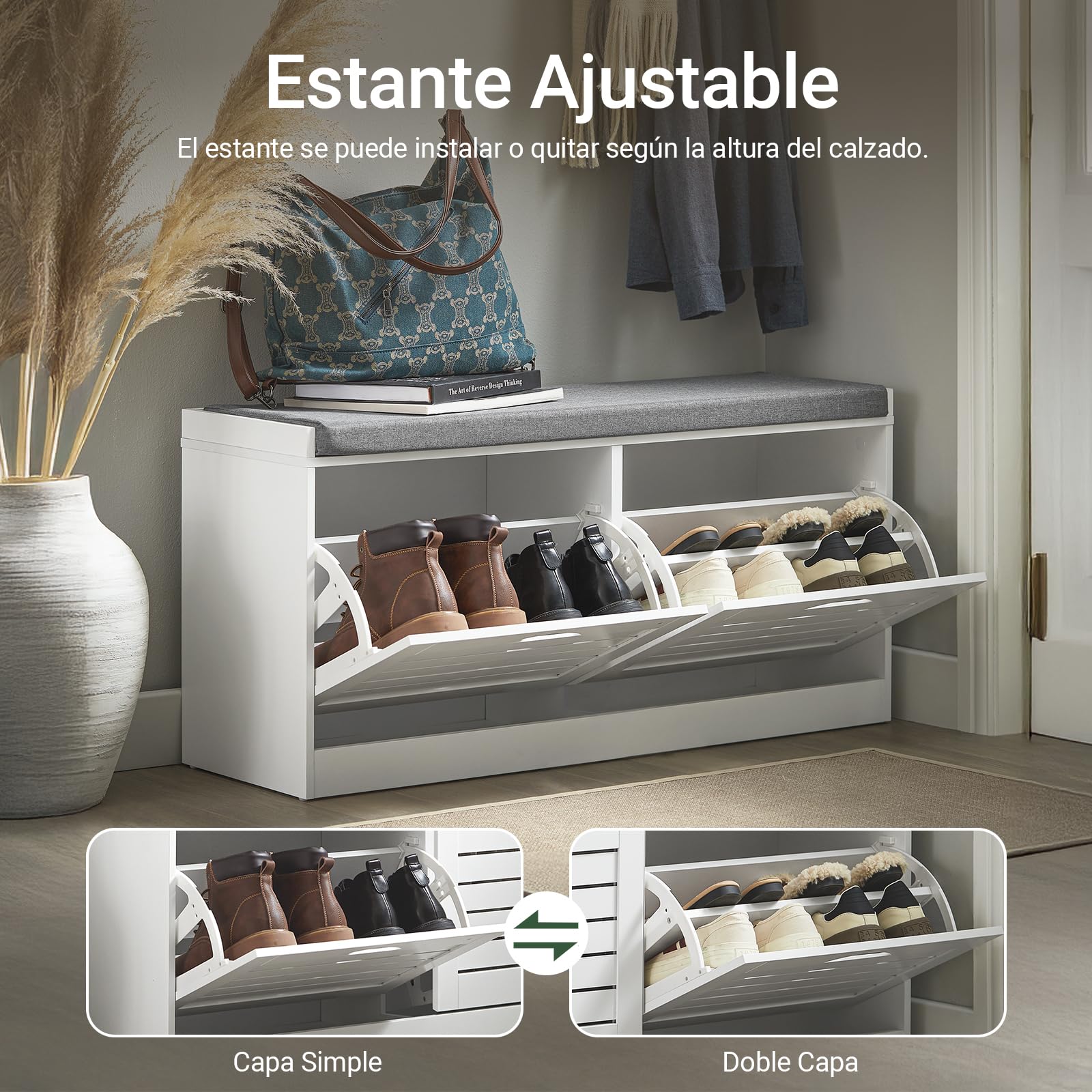 SoBuy Banco Zapatero con Asiento Zapatero Entrada Recibidor - Banco Almacenaje con Cojín Ergonómico, Capacidad 8 Pares, Diseño Compacto para Pasillos Estrechos - Blanco, 97x30x47 cm - FSR62-II-W