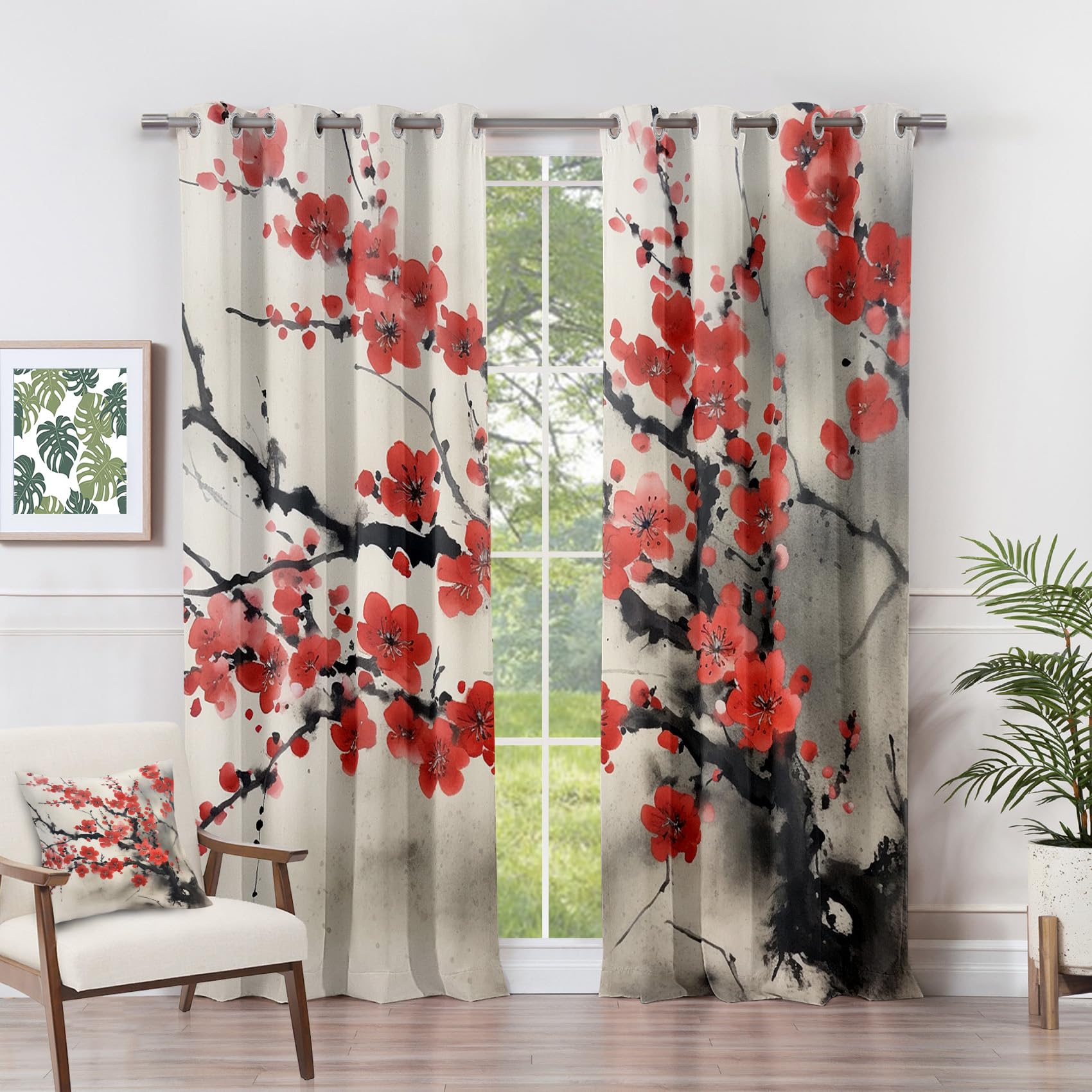 Rideau Occultant Fleur de Cerisier - Rideau Thermique Motif Japonais Rouge Floral Aquarelle, Rideaux Chambre Fenetre, Lot de 2 Rideaux et Draperies Intérieurs à Oeillets, 140x200 cm (LxH) P#-140
