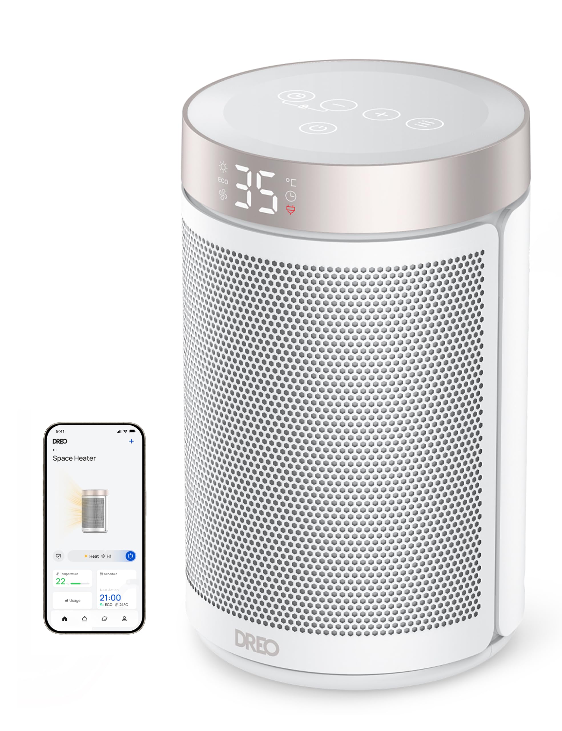DREO Termoventilatore a Risparmio Energetico, 1500W, 34 dB, Silenzioso | 12 Ore Timer Protezione da Surriscaldamento, Riscaldamento Elettrico per Camere, White