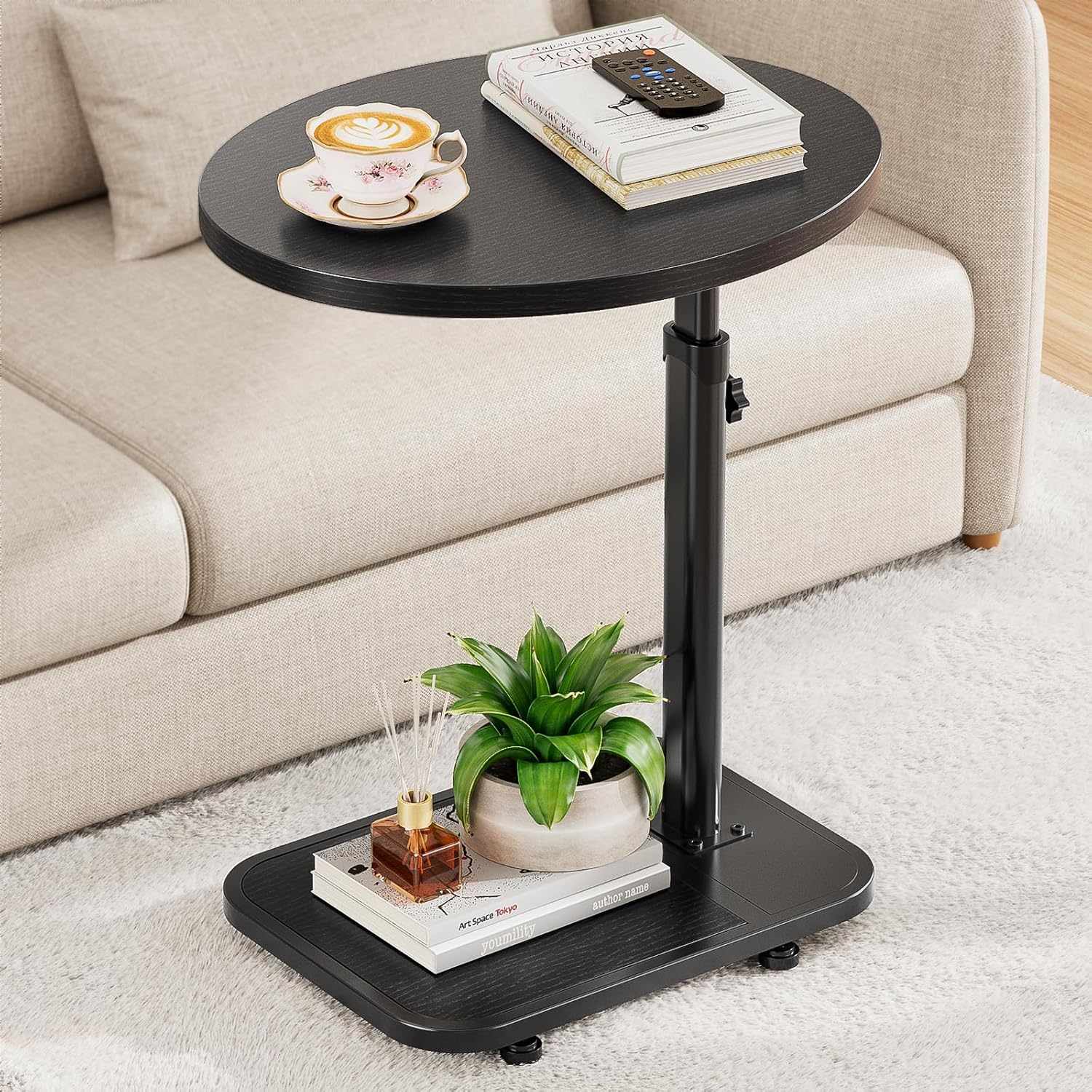 TV Tray Table with Infinite Adjustable Height - C-Shaped Sofa End Side Table for Snack Laptop Desk Small Spaces (Black)