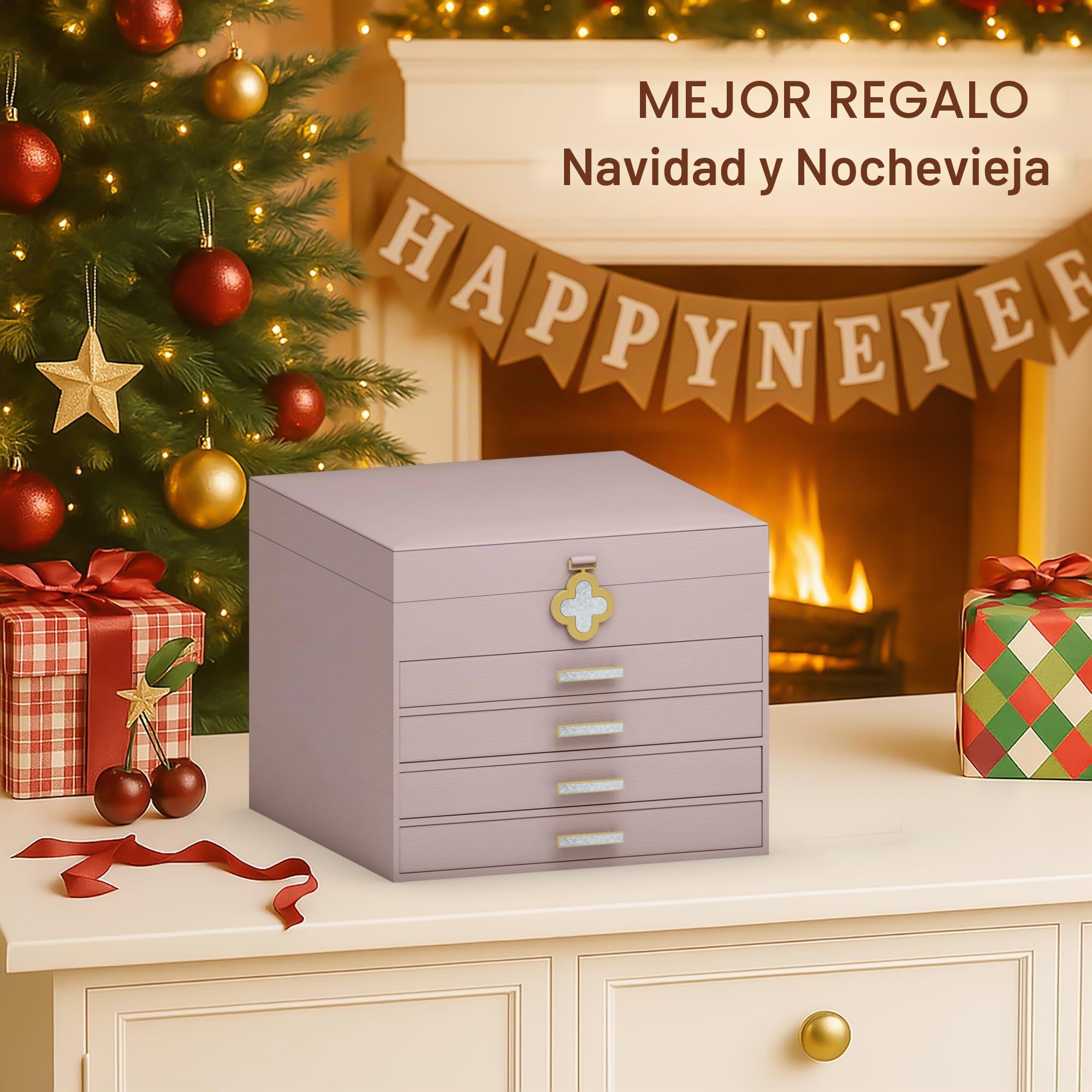 ADEL DREAM Joyero de 5 niveles con botón de trébol, almacenamiento de joyas con bandeja extraíble, organizador de joyas con espejo grande, compartimentos ajustables para manualidades, para madres y