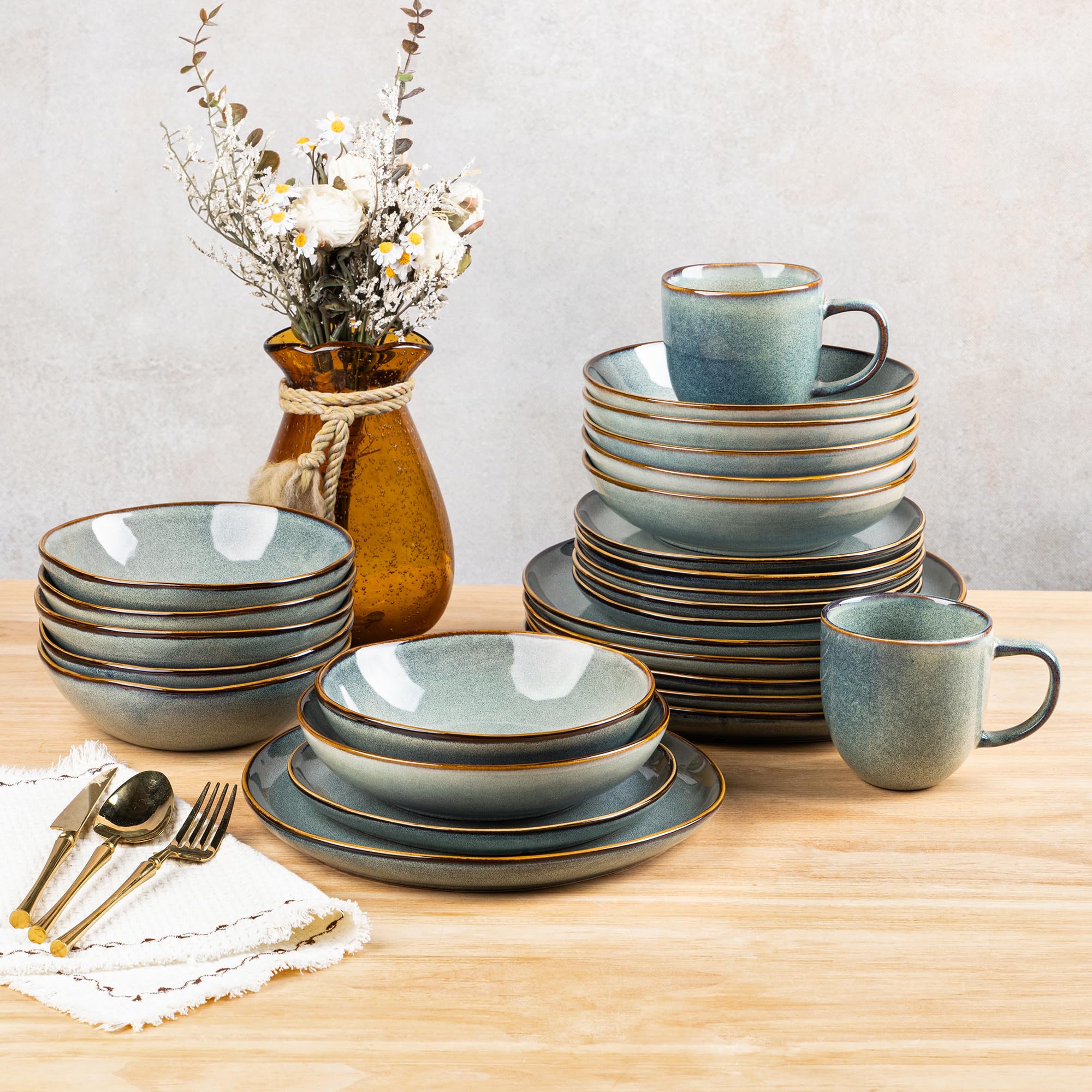 GBhome Steingut Geschirrset 6 Personen, 24-tlg Reaktive Glasur Handarbeit Geschirr Set, Mikrowellen- & Spülmaschinenfest Schüssel- und Teller Set