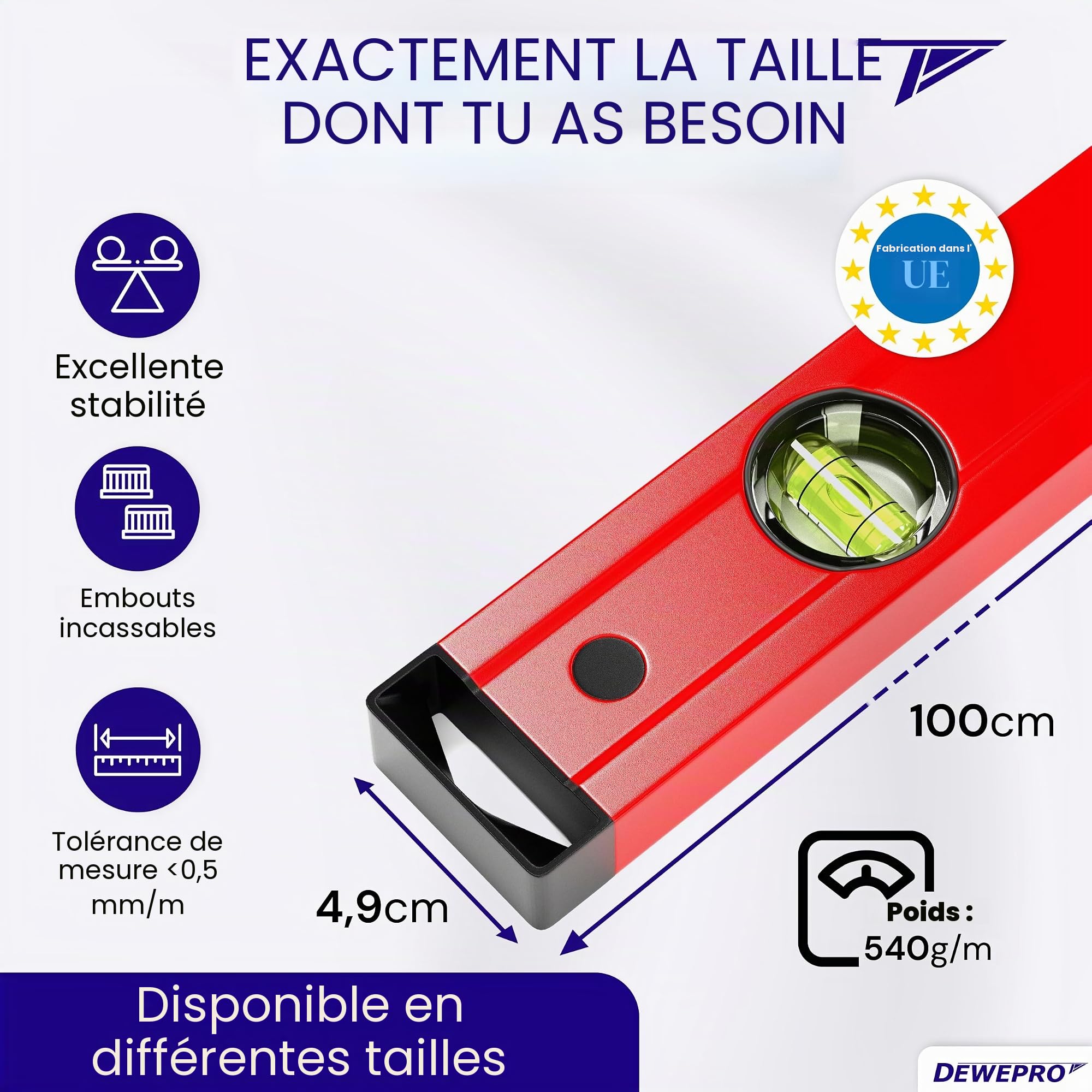 DEWEPRO Niveau à bulle professionnel 1m en aluminium - rouge - longueur : 100cm - tolérance de mesure : 0,5mm/m