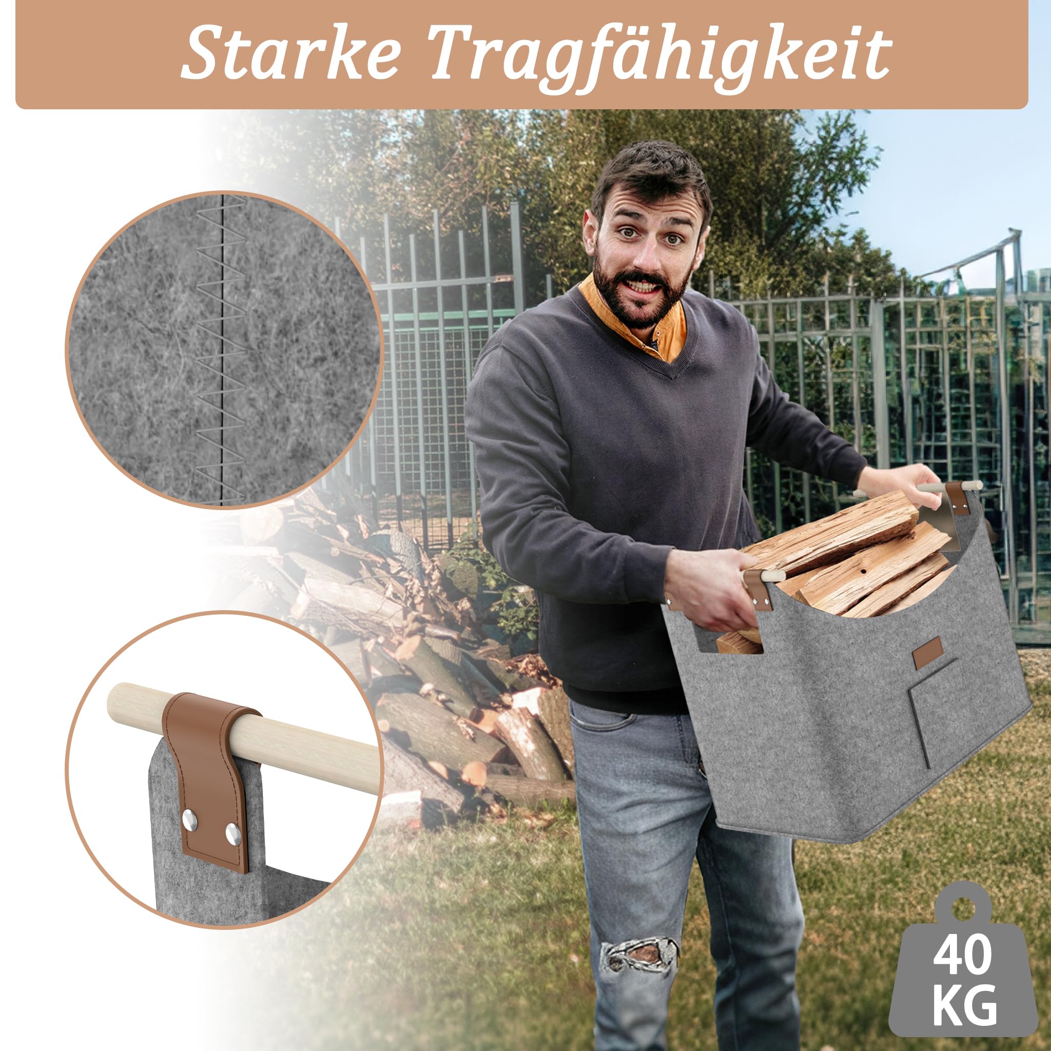 FIVMEN 2 bolsas de fieltro para leña de chimenea, plegables, con fieltro extra grueso y mango de madera reforzado, cesta de fieltro, cesta de la compra, periódicos, madera, color gris oscuro