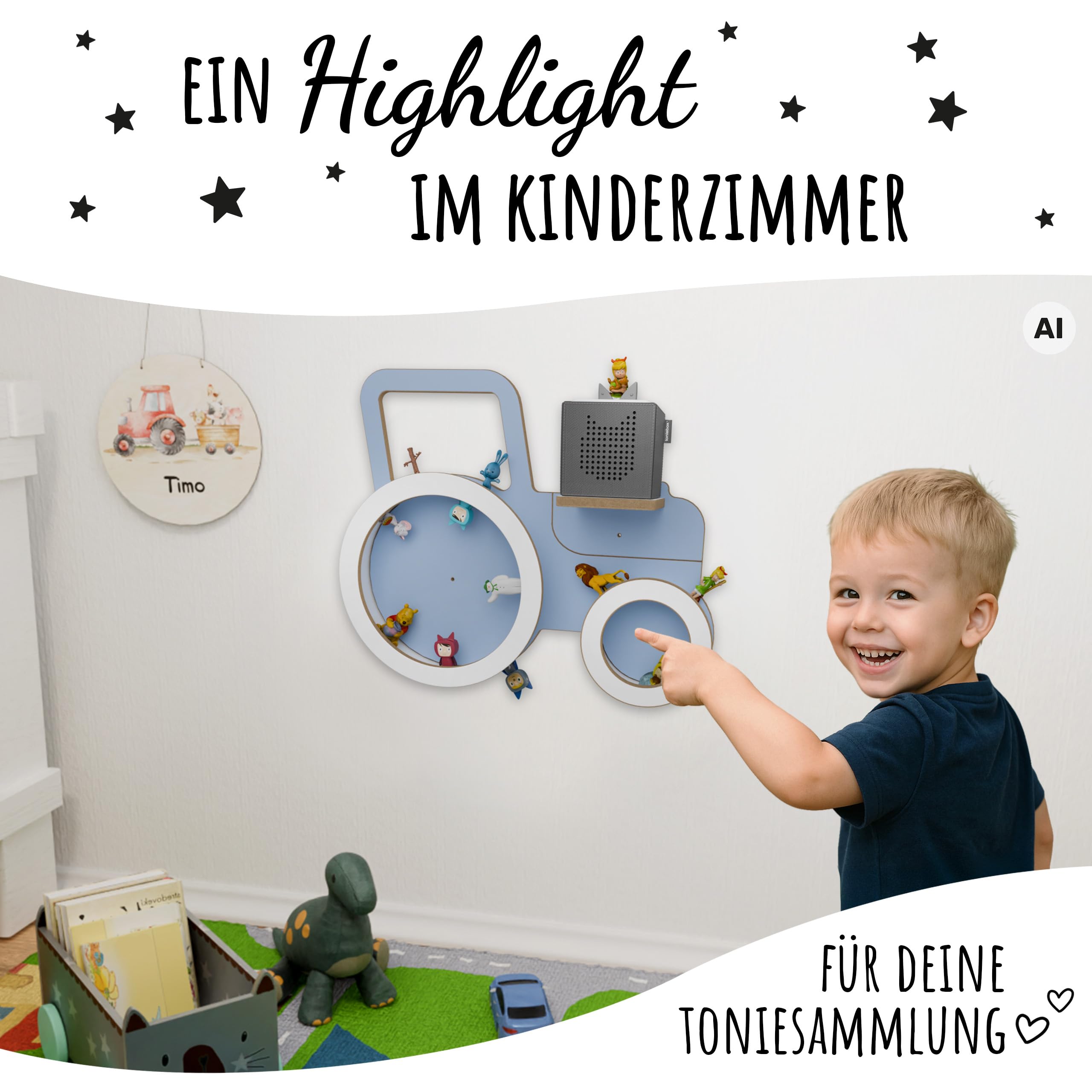 Holzura Toniebox Regal Traktor – Regal für Tonie Figuren, magnetisch, Aufbewahrung & Wandregal Kinderzimmer