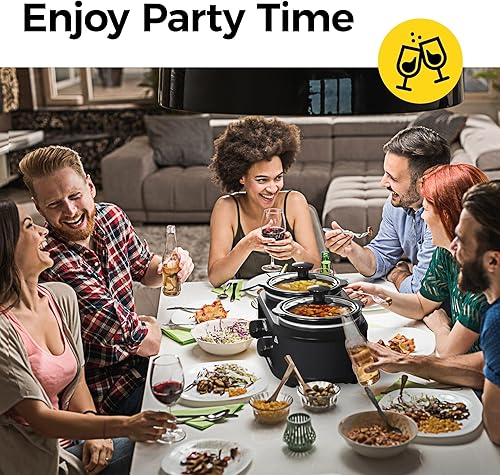 Miniatura 8 de Sunvivi Olla de cocción lenta doble, 2 ollas pequeñas para bufé y calentador, olla de cocción lenta manual ovalada doble con olla de cerámica