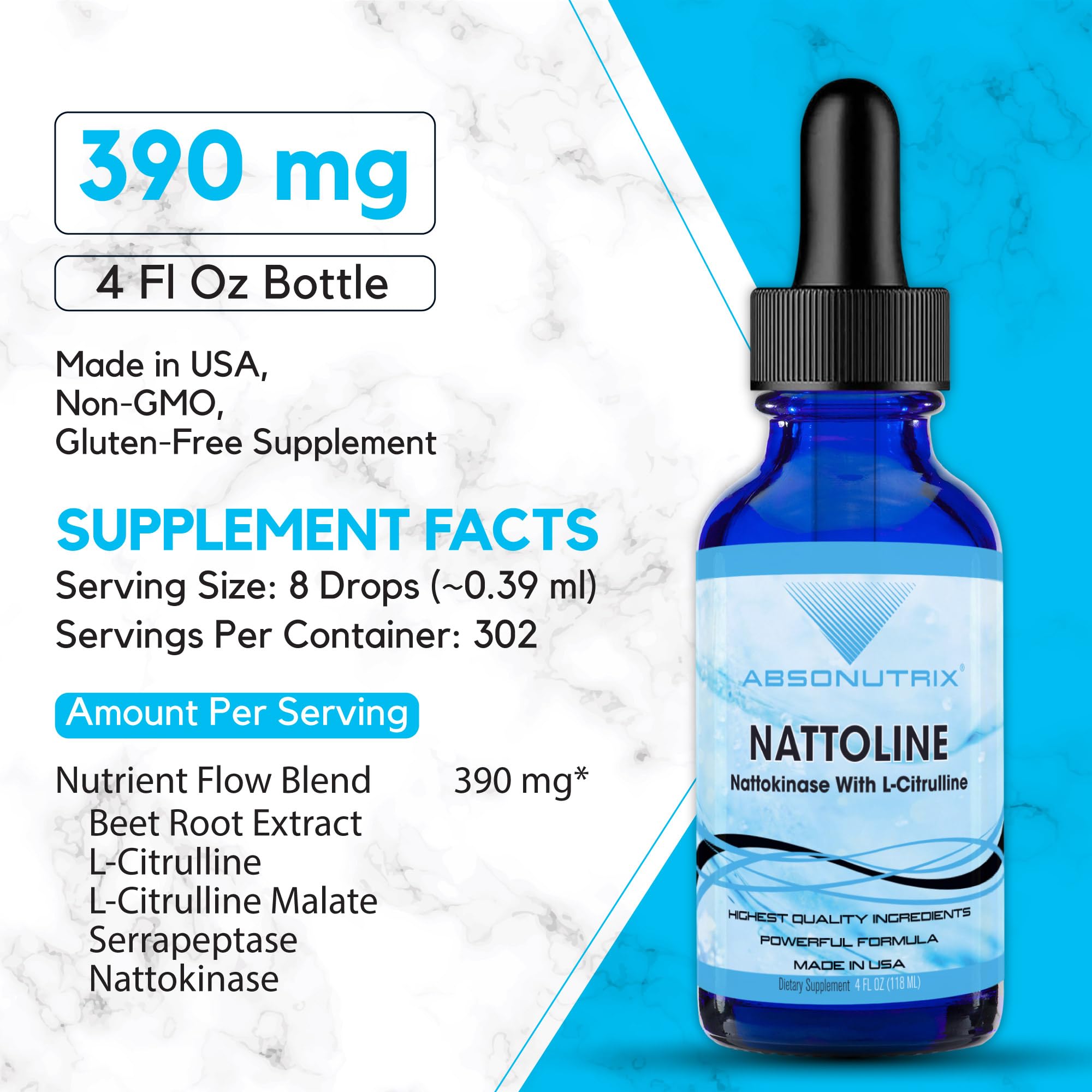 Absonutrix Nattoline, 390 mg, 4 FL OZ Liquid, 302 Servings, Made in USA, Plant-Based Ingredients, Beet Root Extract, L-Citrulline, Serrapeptase, Gluten-Free, Non-GMO, GMP Certified