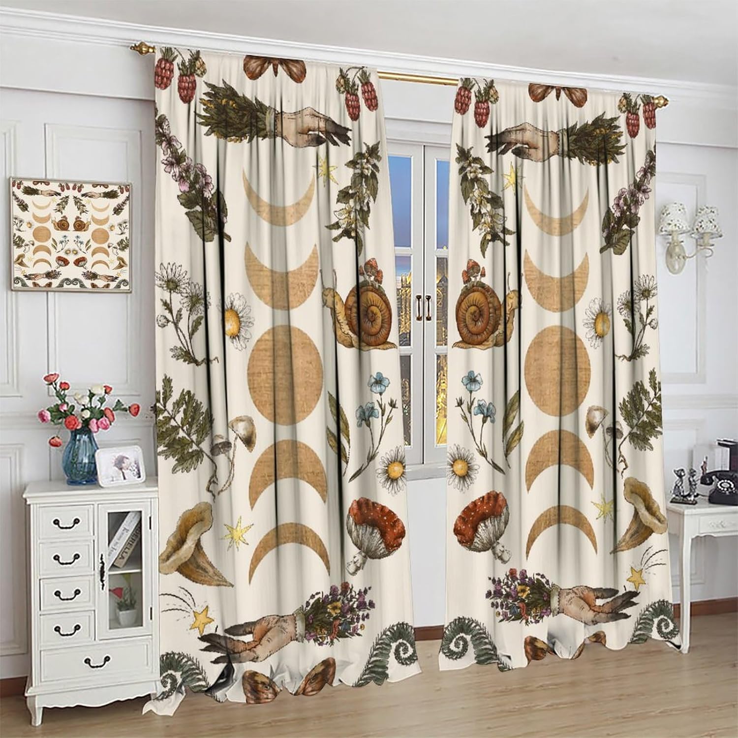 Vintage Moon Phase Curtains, Retro Witchy Hands Magic Wildflower Floral Butterfly Mushroom Plant Insect Print Blackout Window Treatments for Bedroom Living Room 42x63in