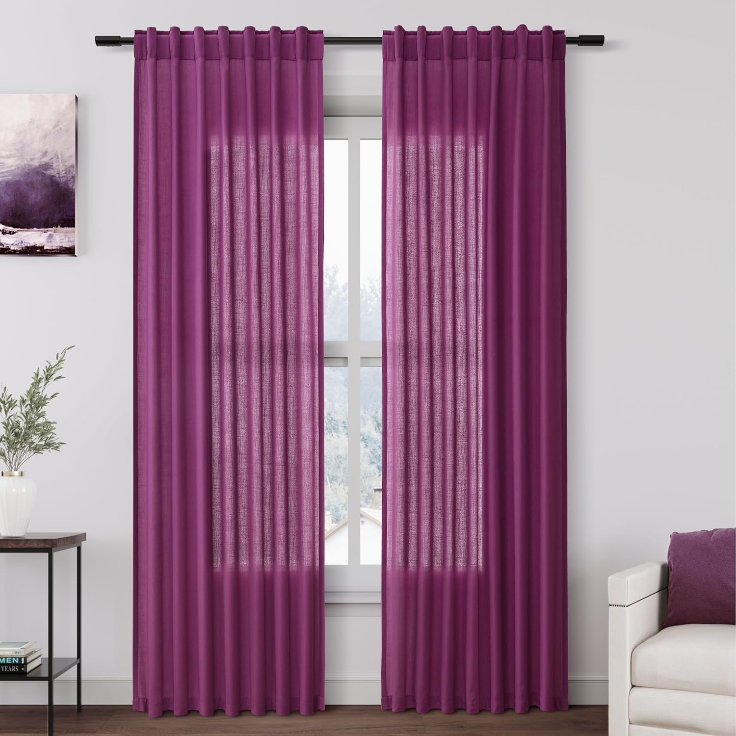 Grape Purple Linen Curtains 84 Inch Length 2 Panels Set for Living Room Rod Pocket Back Tab Light Filtering Window Drapes for Bedroom Dining Room Protect Privacy Modern Country Farmhouse Decor 52x84