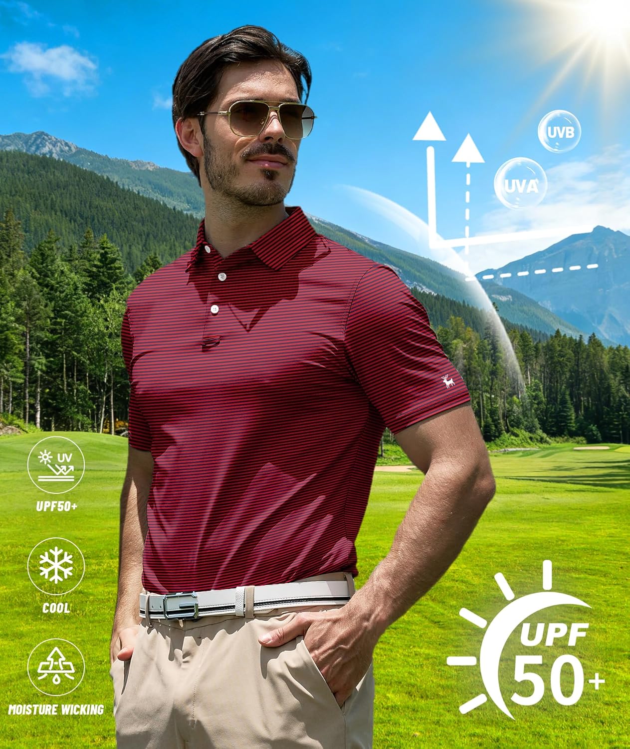 ZITY Men Golf Polo Shirts Short Sleeve Striped UPF 50+ Moisture Wicking Casual Collared Print T-Shirt for Men - Image 2