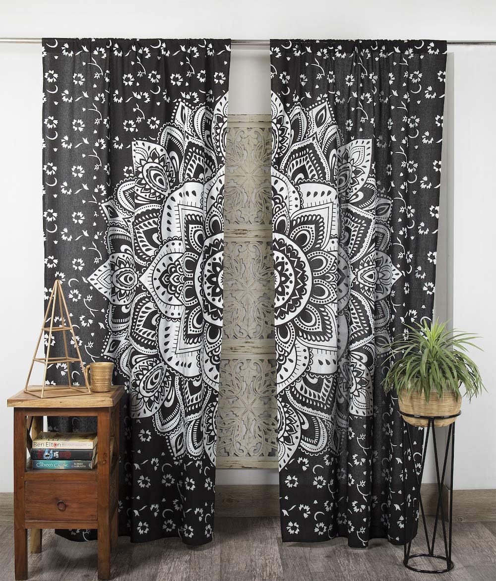 Madhu International Indian Cotton Curtain Mandala Window Door Cover Tapestry Shower Curtain Hanging Drape Portiere Room Divider Window Treatment 2 Panel Set W41 X L88”, Black Silver