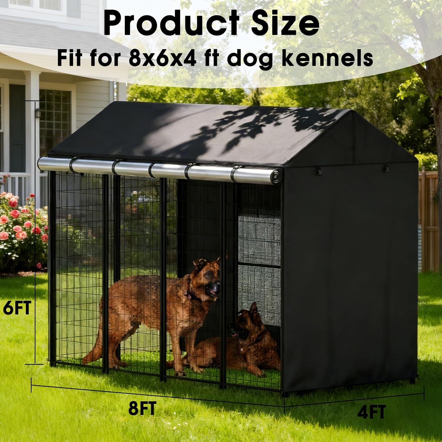 8'D x 4'W x 6'H Outdoor Dog Kennel Cover for Outside Dog Kennel, Waterproof 1200D Full Coverage Enclosure Covers, Black, Only Cover (Large)