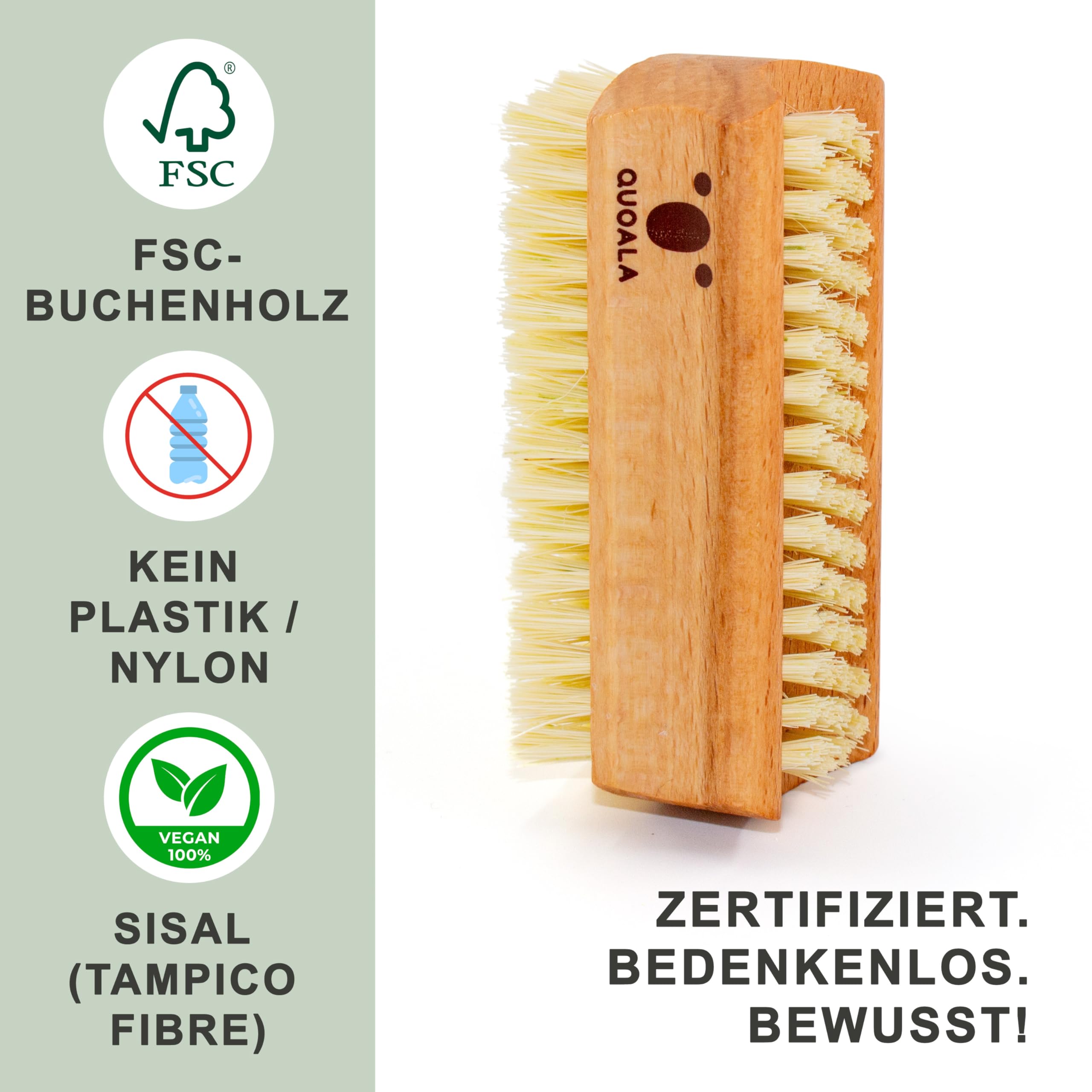 QUOALA® Hand- & Nagelbürste – in Deutschland hergestellt | FSC-zertifiziertes Buchenholz | SISAL | VEGAN | Für Tiefenreinigung, Maniküre, Pediküre | Ergonomisch & Umweltfreundlich
