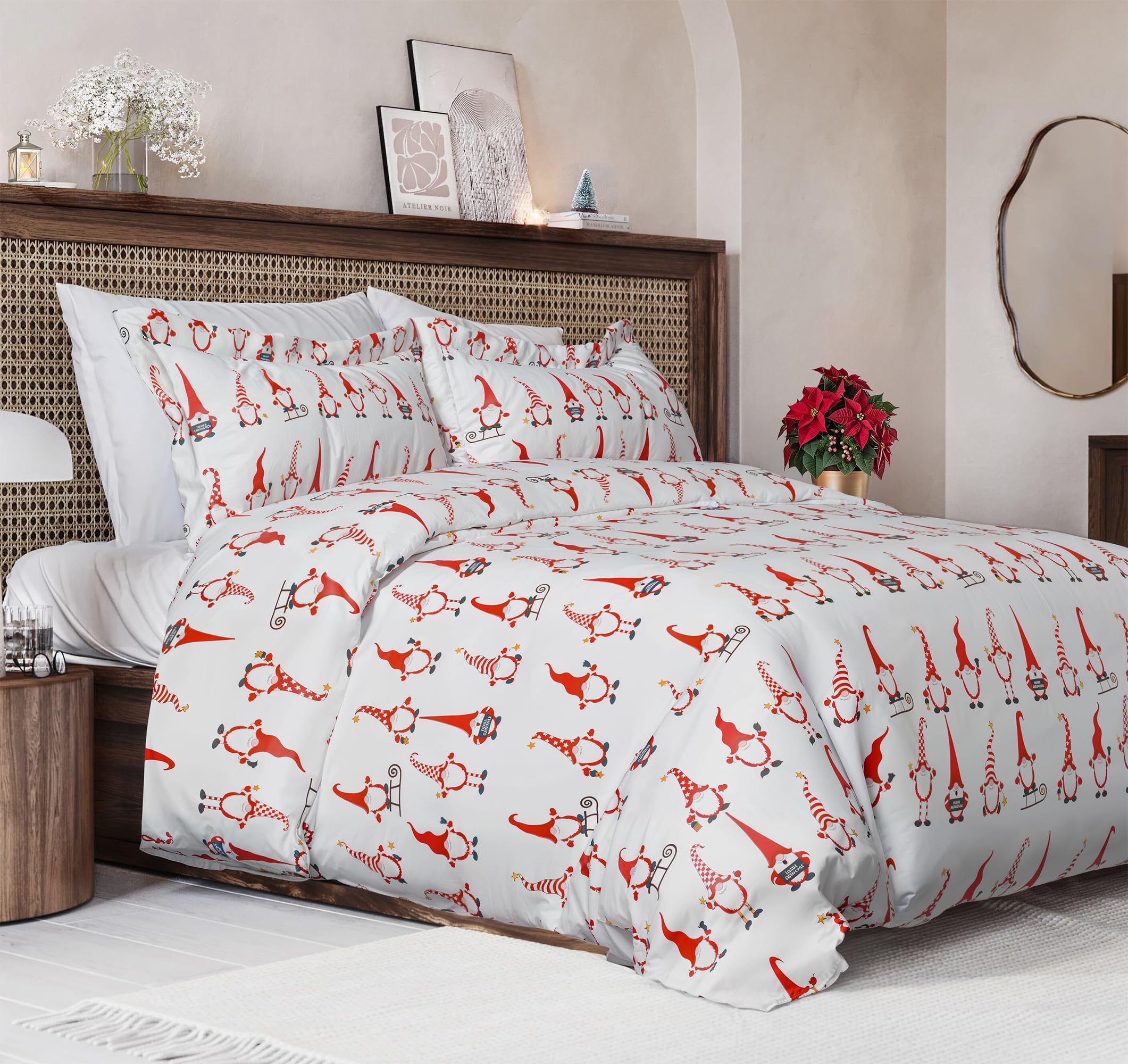 CGK Christmas Duvet Cover King Size Set - 104 x 90, Holiday Gnomes Red