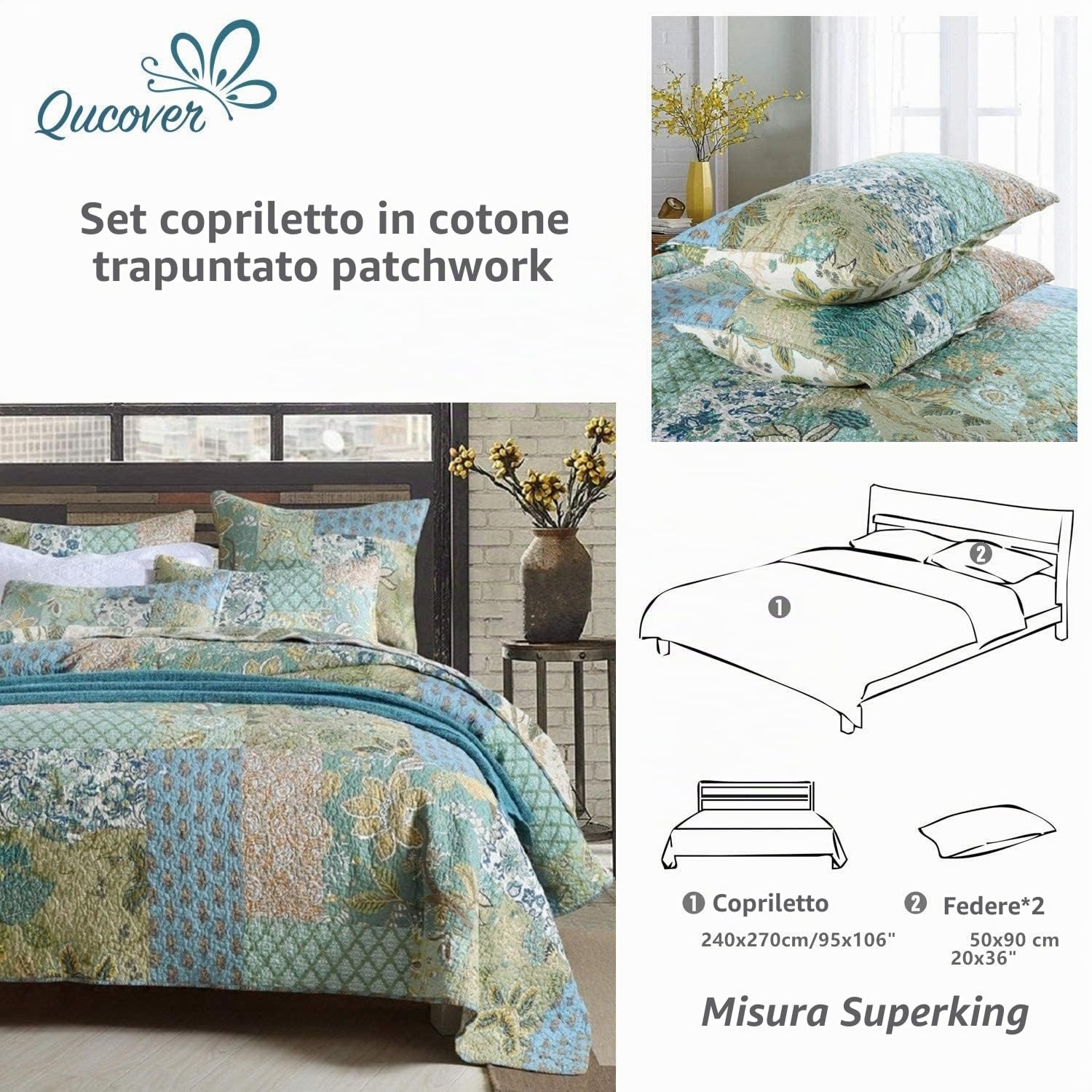 Qucover Copriletto Trapuntato Matrimoniale in Cotone con Motivo Foglie Copriletto Patchwork Vintage con due Federe 240x270 cm