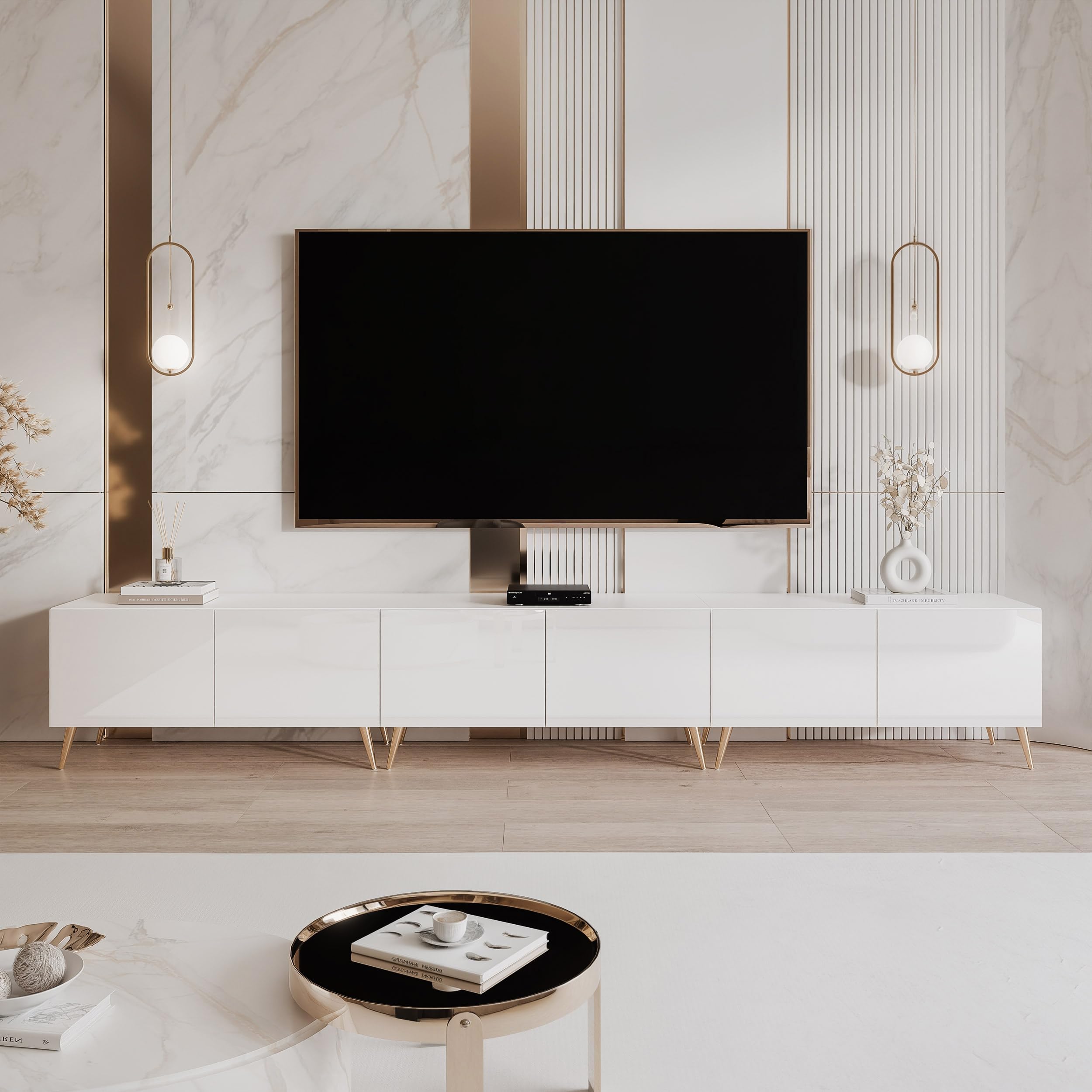 100/200/300 cm TV Lowboard Weiß Hochglanz 300cm mit 6 Praktischen Großen Fächern und LED Beleuchtung - TV Lowboard Stehend Passend Für Stilvolle Wohnräume
